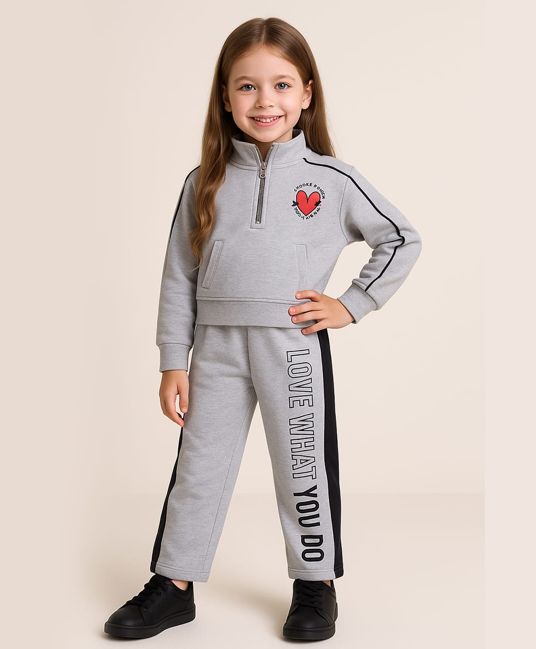 Little Marine Cotton Blend Knit Full Sleeves Heart Printed Winter Sweatshirt & Pants Set - Grey-picture-24