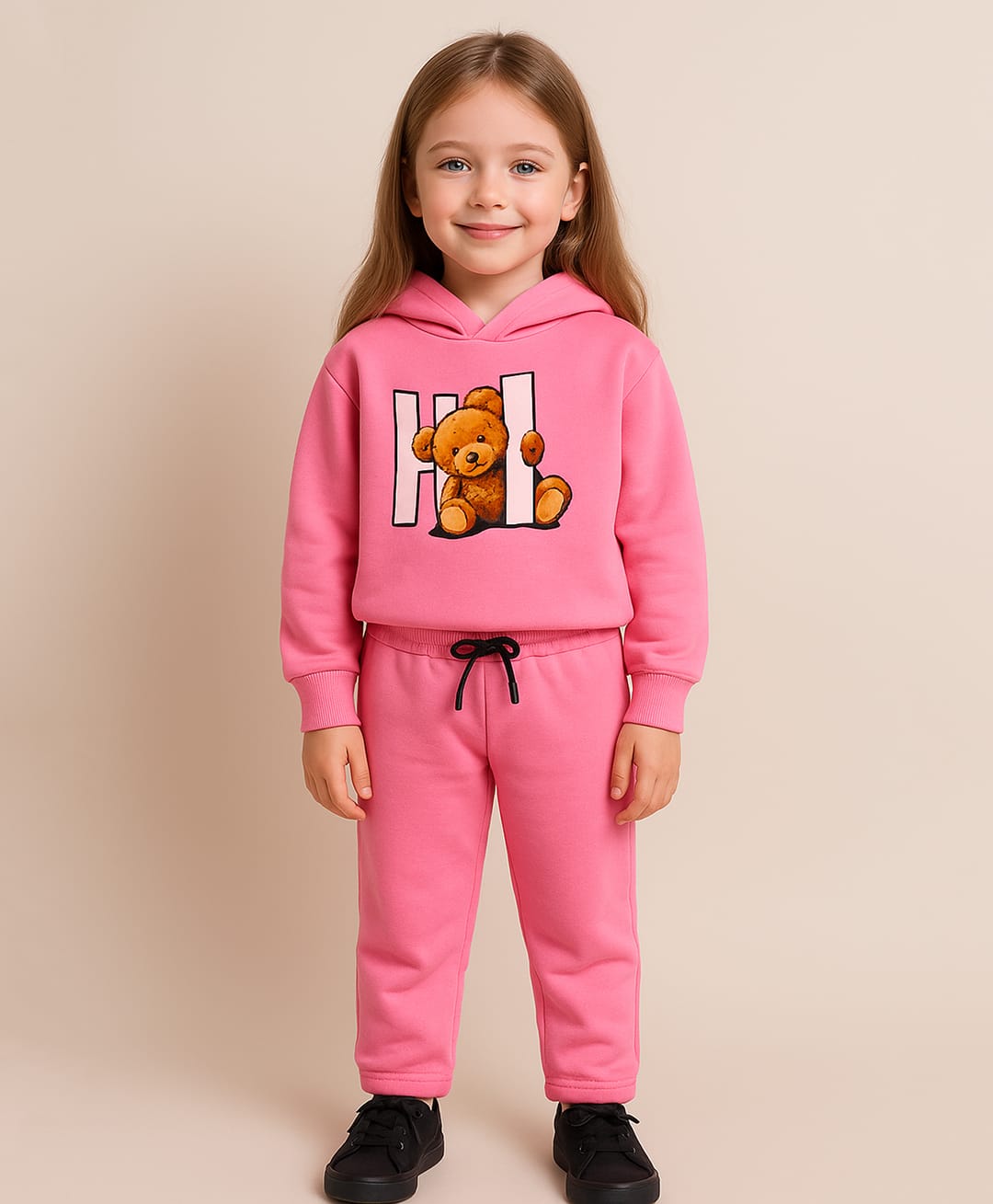 Little Marine Fleece Knit Full Sleeves Teddy & Hi Text Printed Winter Hooded Sweatshirt & Pants Set - Pink-image-23