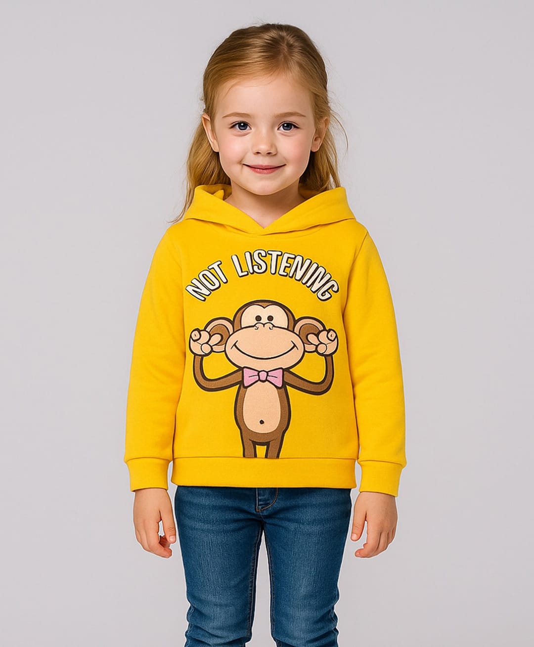 Little Marine Fleece Knit Full Sleeves Monkey & Not Listening Text Printed Light Winter Hooded Sweatshirt - Mustard-picture-26