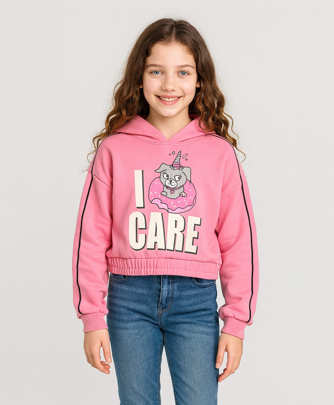 Little Marine Fleece Knit Full Sleeves Cat & I Do Care Text Printed Light Winter Hooded Sweatshirt - Light Pink-picture-9