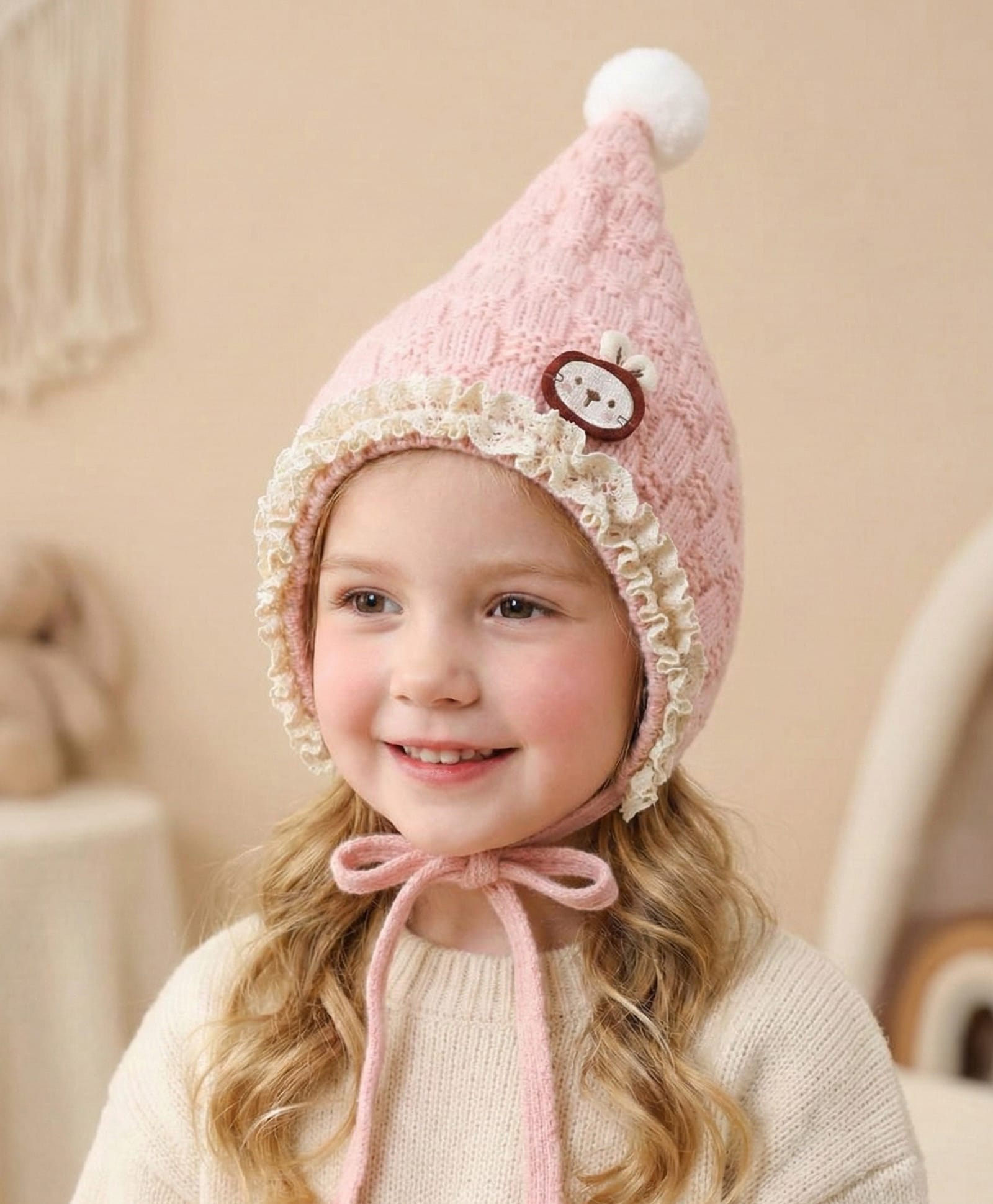 Ziory Woollen Knit Cartoon Designed Knit Woollen Pom Pom Cap - Baby Pink - Circumference 54 - 62 Cm-picture-18