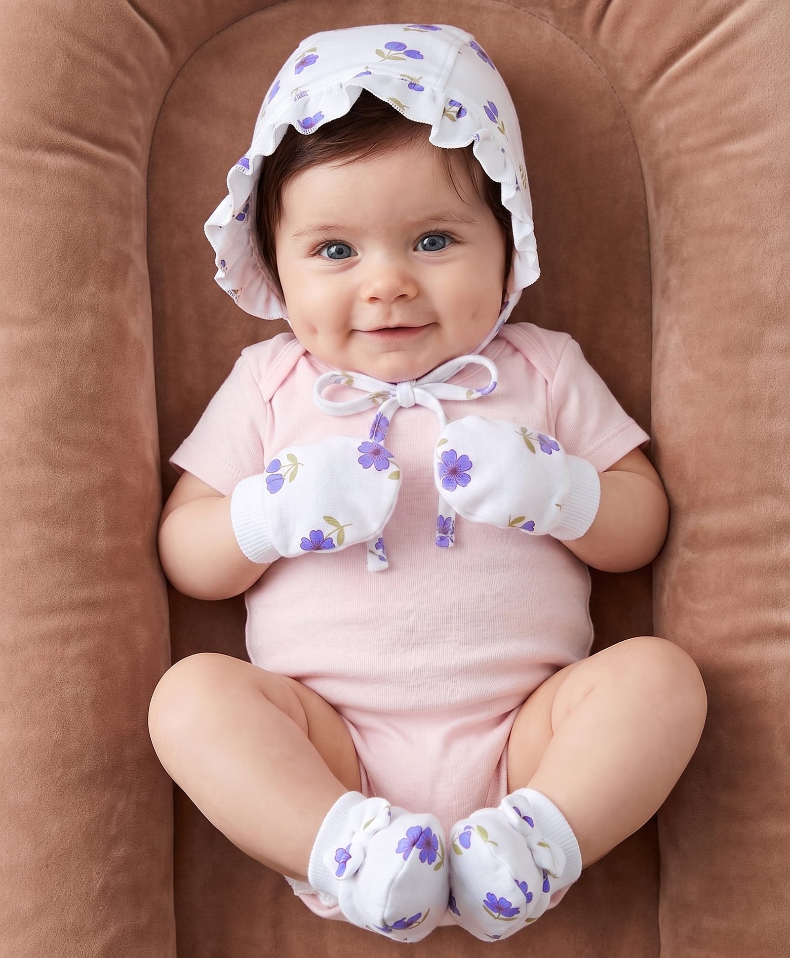 Babyoye Eco Conscious 100% Cotton With Eco Jiva Finish Floral Printed Cap Mittens & Booties Set White - Diameter 17 cm-picture-13