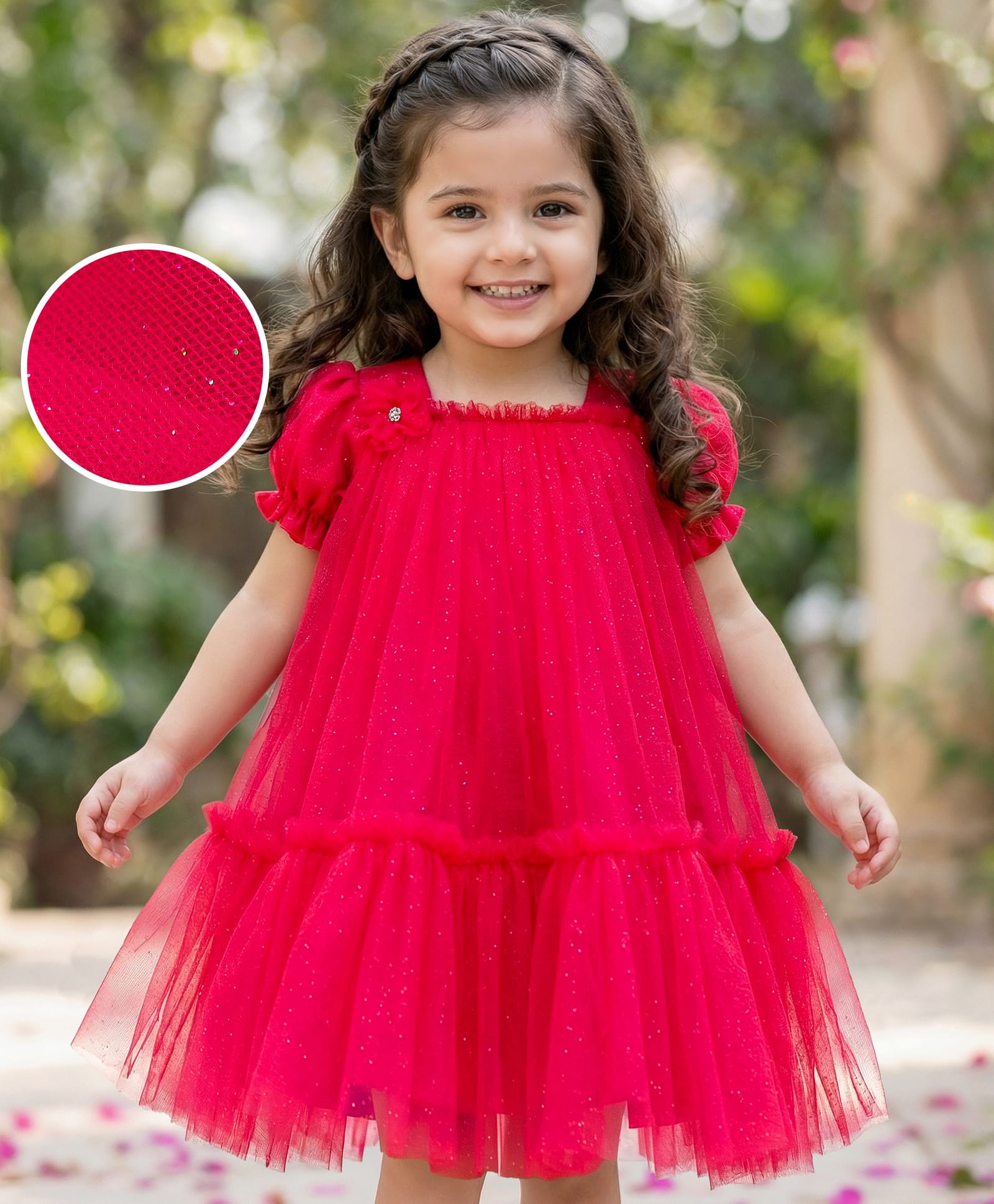 Babyhug Woven Half Puffed Sleeves Glittered A Line Tiered Mesh Party Dress with Floral Applique - Dark Pink-picture-35