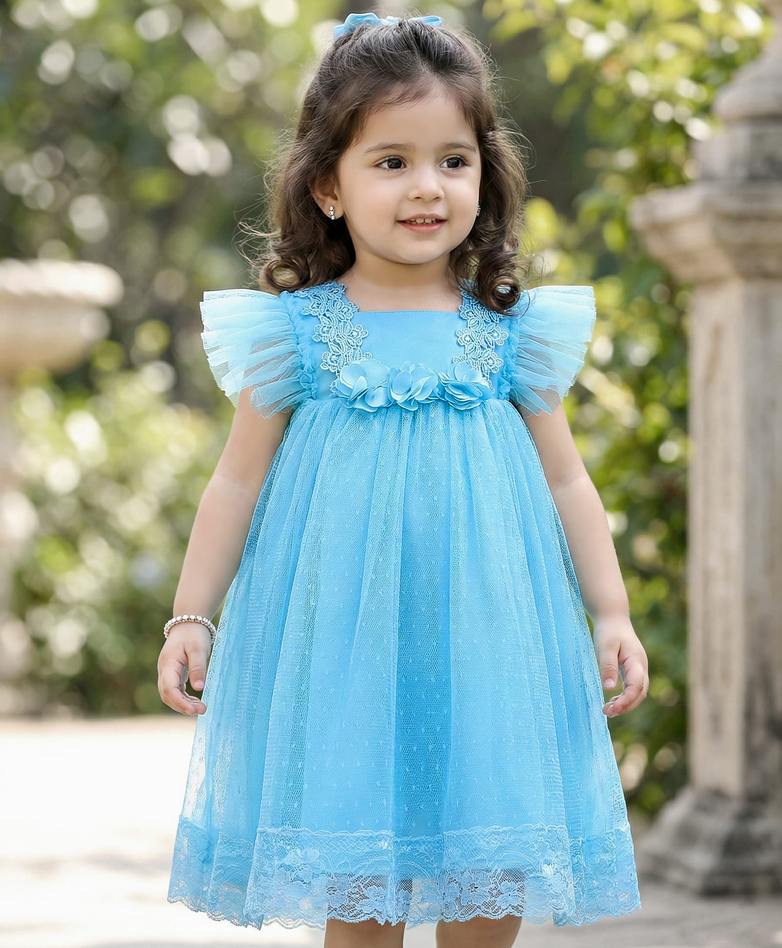 Babyhug Mesh Woven Frill Sleeves Party Dress With Floral Lace Detailing & Applique - Light Blue-picture-24