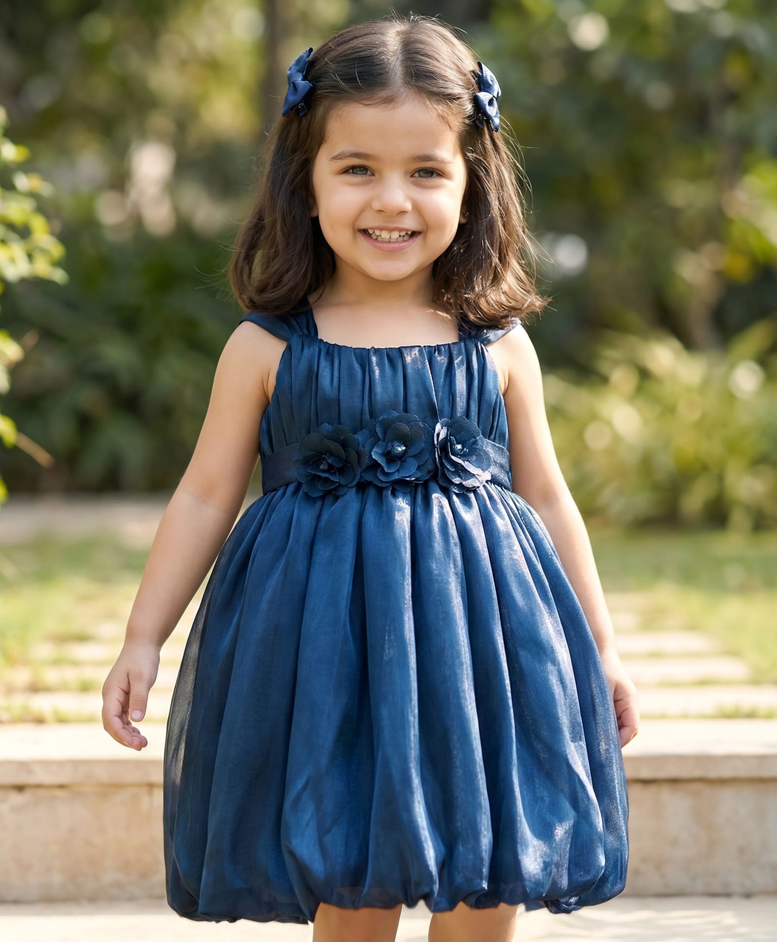 Babyhug Tissue Woven Sleeveless Party Dress With Floral Corsage & Pleated Yoke - Teal Blue-image-40