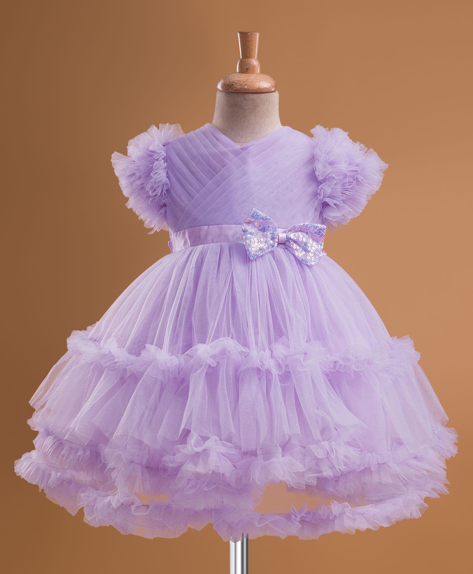 Babyhug Mesh Woven Half Frill Sleeves Layered Ruffle Party Dress with with Yoke Pleating & Sequined Bow Detailing - Lilac