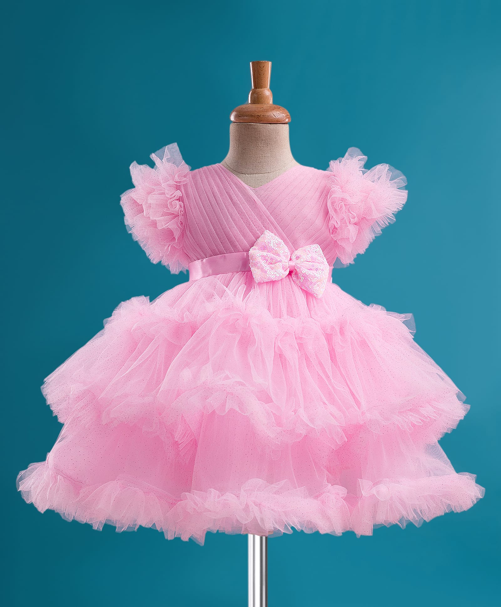 Babyhug Mesh Woven Half Frill Sleeves Layered Ruffle Party Dress with with Yoke Pleating & Sequined Bow Detailing - Dark Pink-image-47