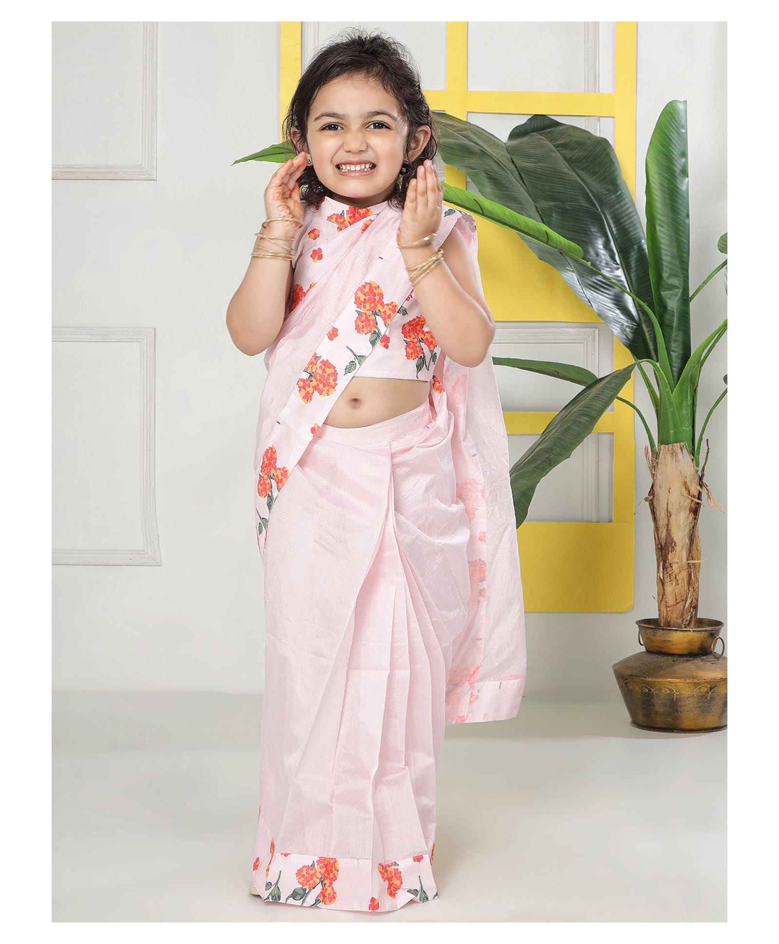 Little Bansi Chanderi Cotton Woven Floral Printed Ready To Wear Saree & Sleeveless Blouse - Pink Salt-picture-19