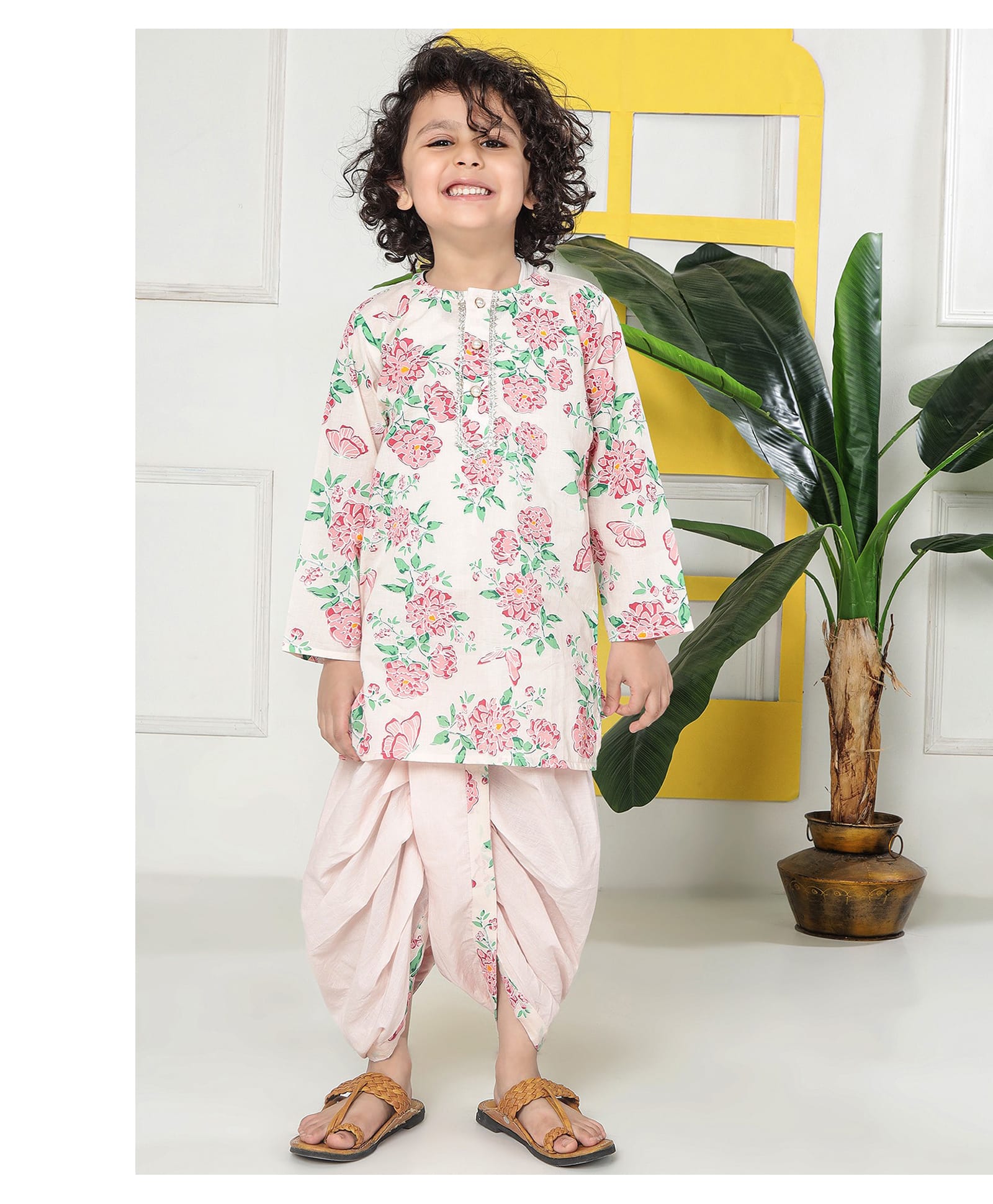 Little Bansi 100% Cotton Woven Full Sleeves Peony Printed Kurta With Dhoti Set - Petal Pink-picture-21