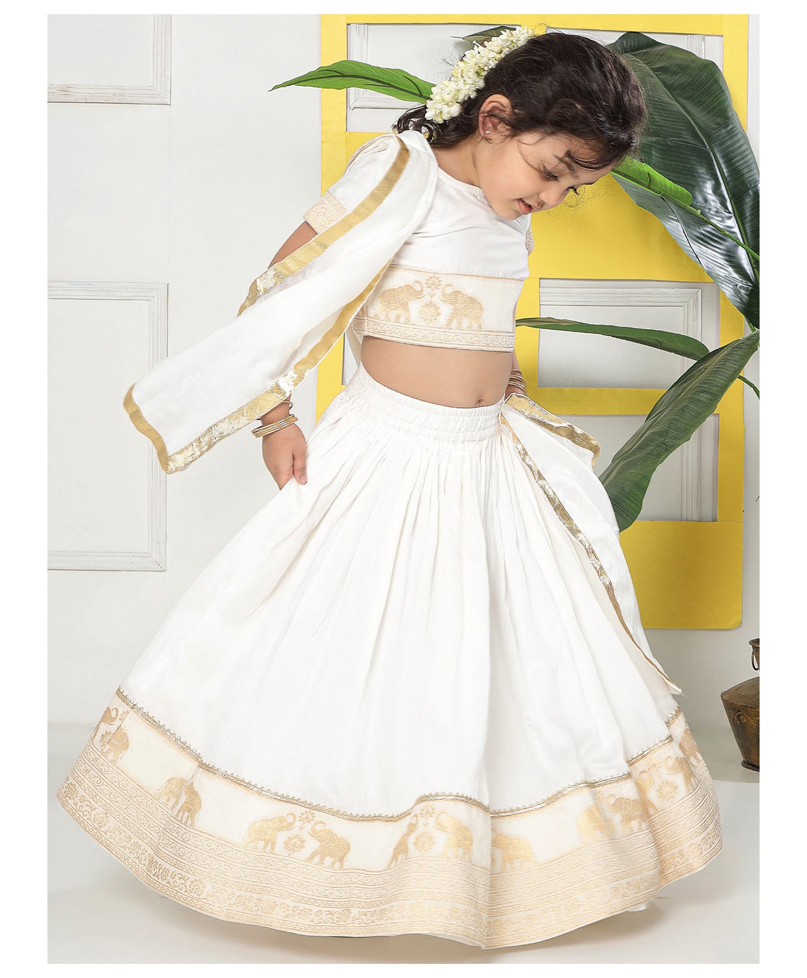 Little Bansi Chanderi Cotton Woven Half Sleeves Elephant Embroidered Lehenga Choli With Dupatta Set - Cream-picture-35