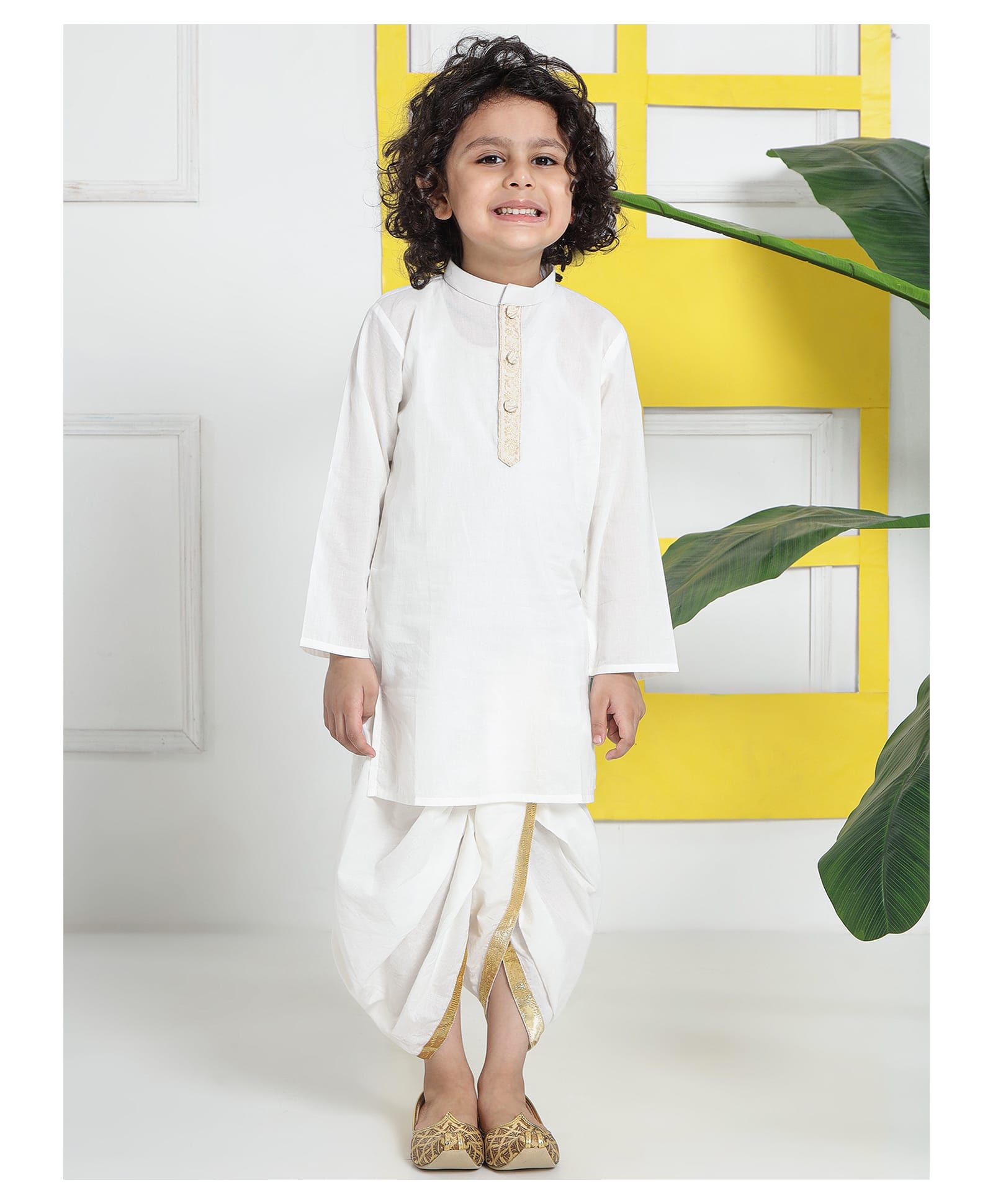 Little Bansi 100% Cotton Woven Full Sleeves Floral Embroidery Kurta With Dhoti Set - Cream-image-13