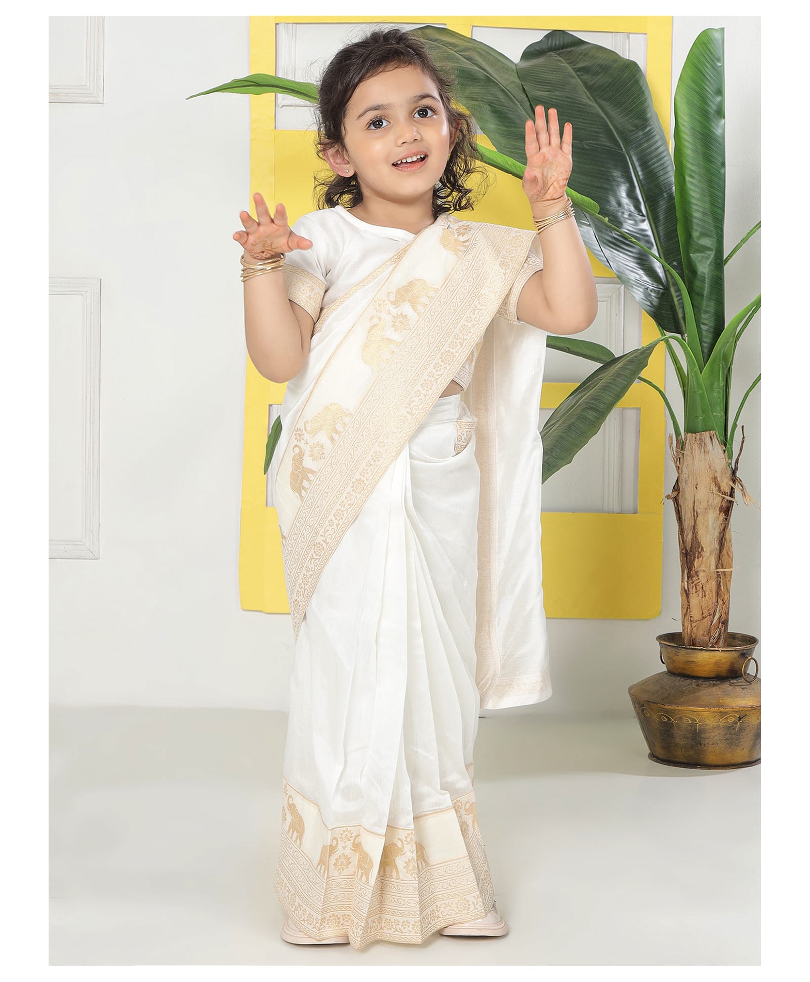 Little Bansi Chanderi Cotton Woven Half Sleeves Elephant Embroidered Blouse & Wrap Around Saree Set - Cream-picture-33