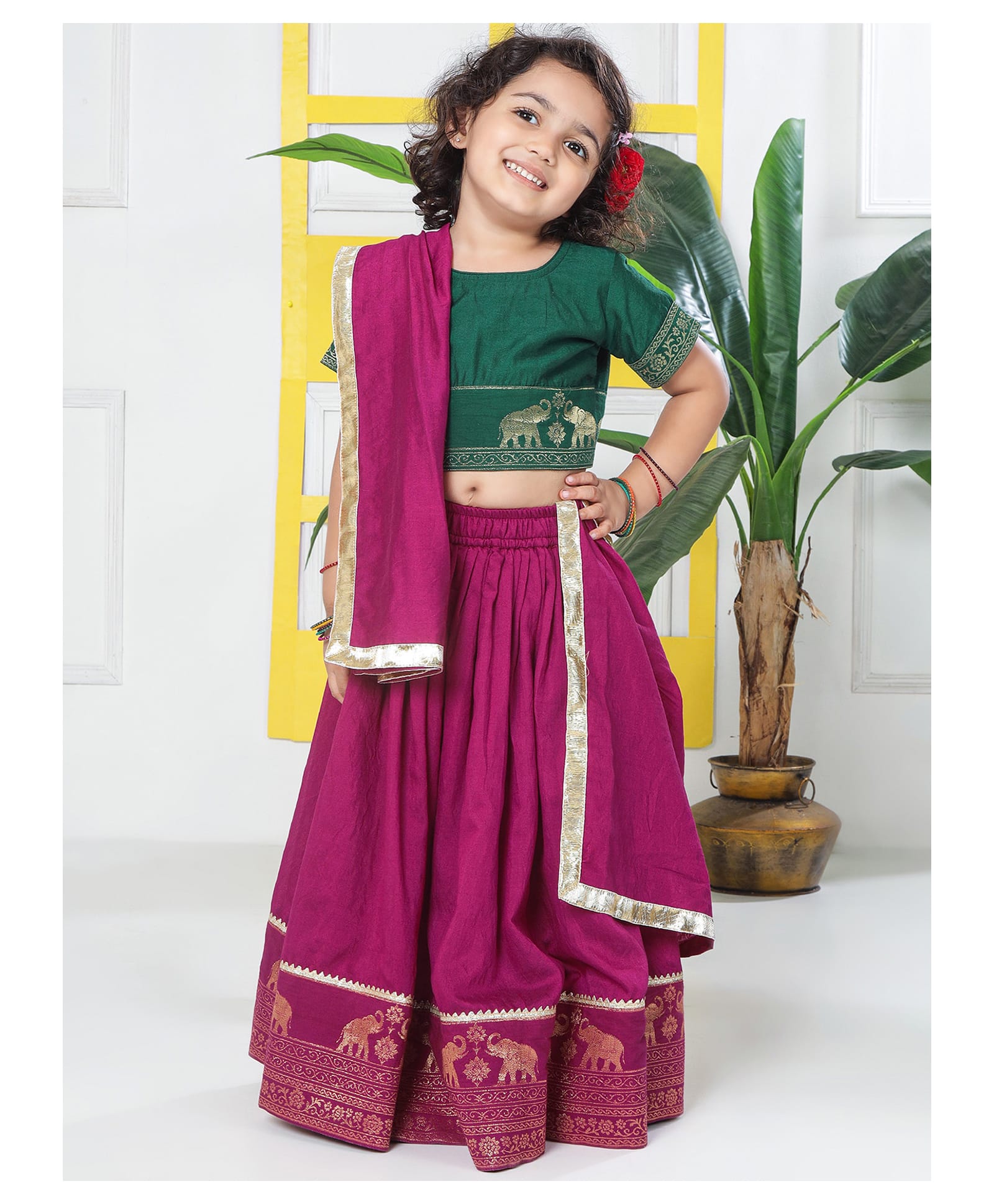 Little Bansi Chanderi Cotton Woven Half Sleeves Elephant Embroidered Choli & Lehenga With Dupatta Set - Emerald Green-picture-16