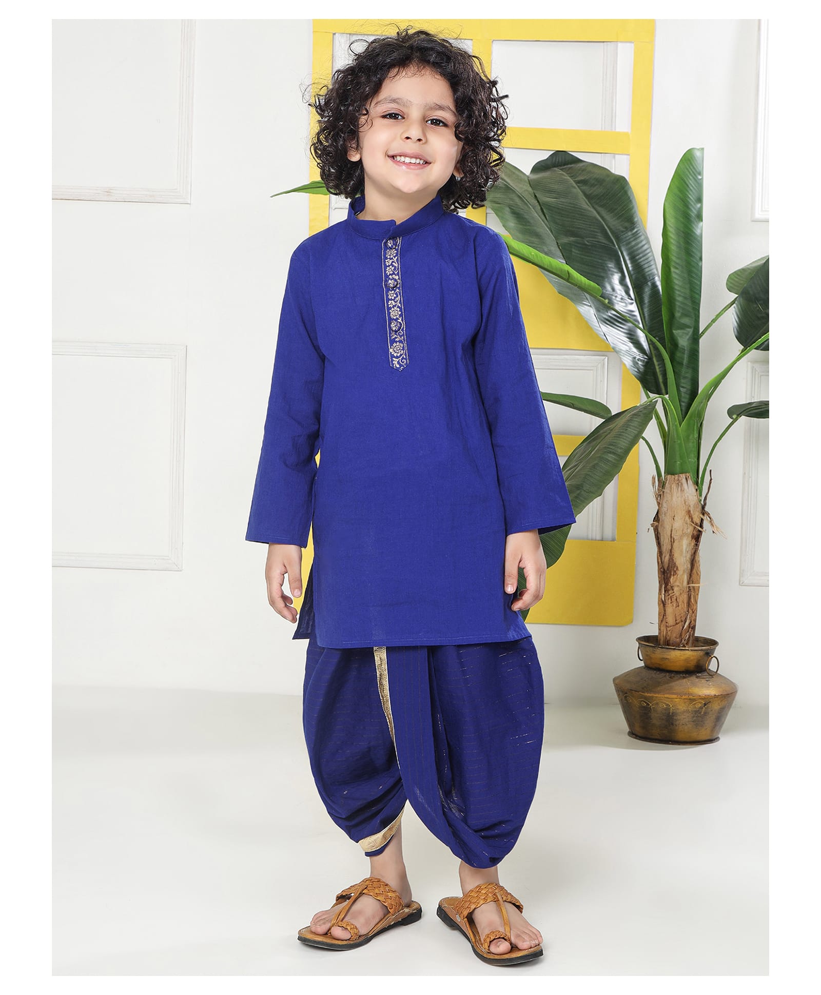 Little Bansi 100% Cotton Woven Full Sleeves Floral Embroidered Kurta & Dhoti Set - Electric Blue-picture-22