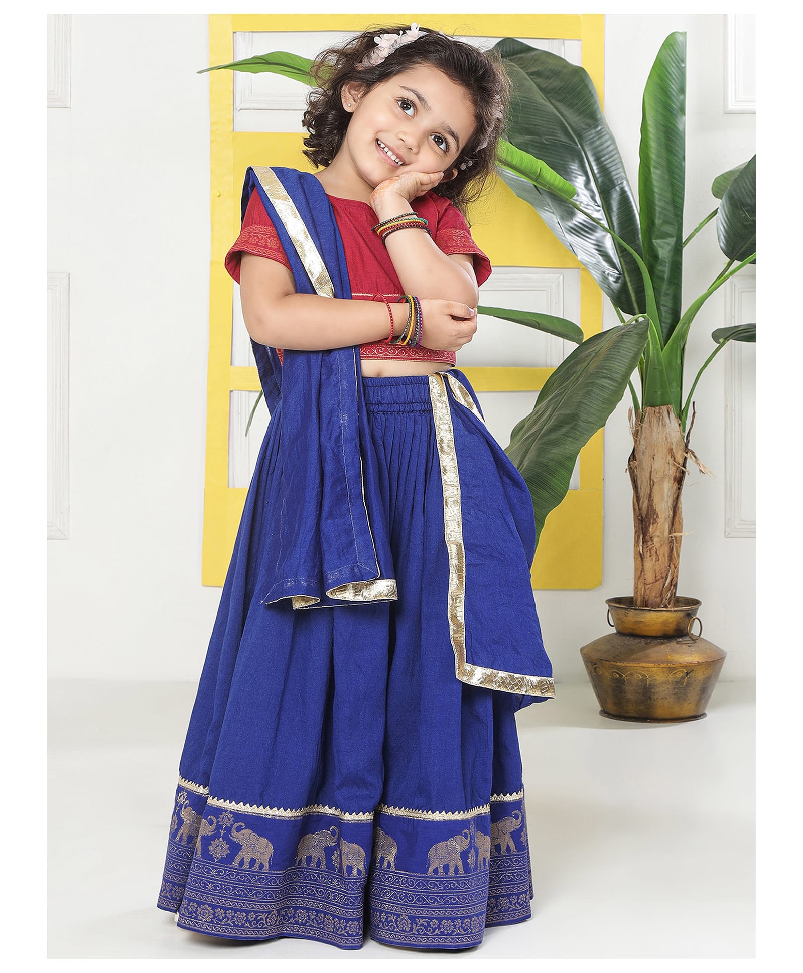 Little Bansi Chanderi Cotton Woven Half Sleeves Elephant Embroidered Choli & Lehenga With Dupatta Set - Electric Blue-picture-19