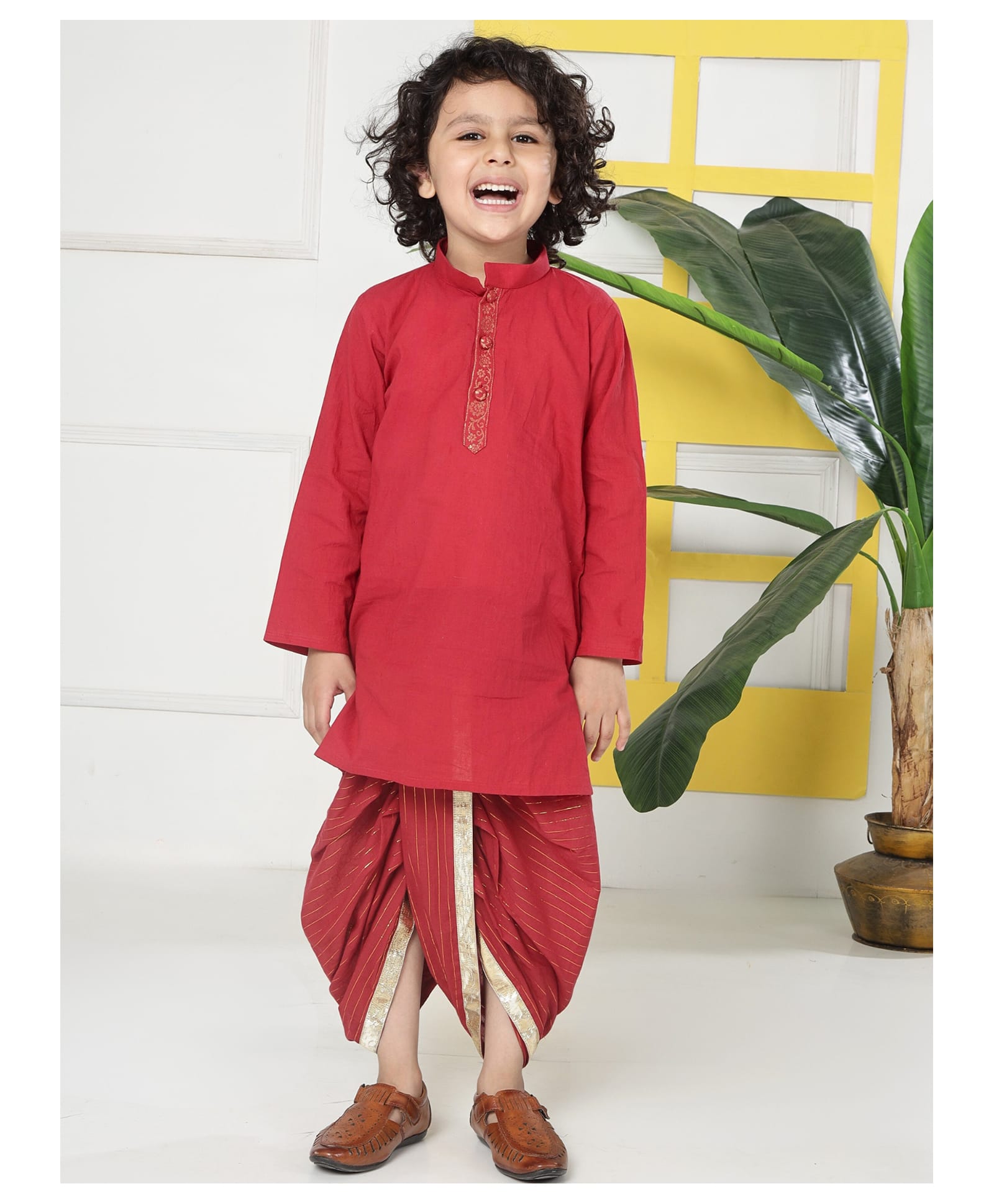 Little Bansi 100% Cotton Woven Full Sleeves Floral Embroidered Kurta & Dhoti Set - Red-picture-19