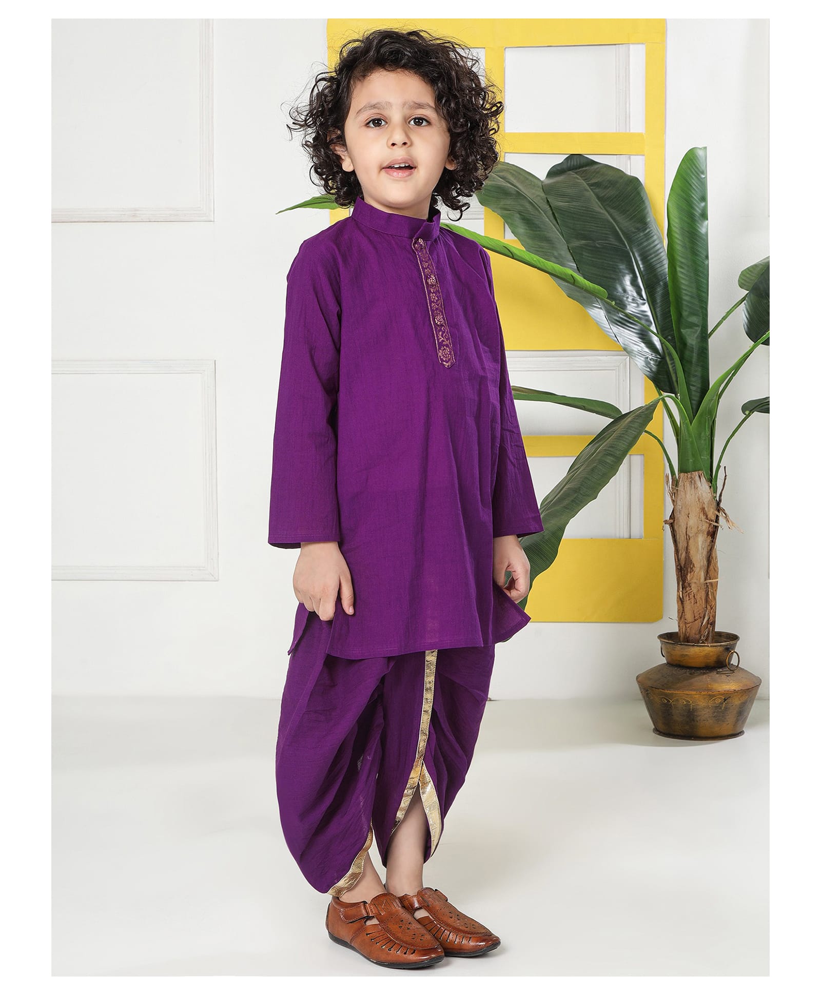 Little Bansi 100% Cotton Woven Full Sleeves Floral Embroidered Kurta & Dhoti Set - Purple-picture-40