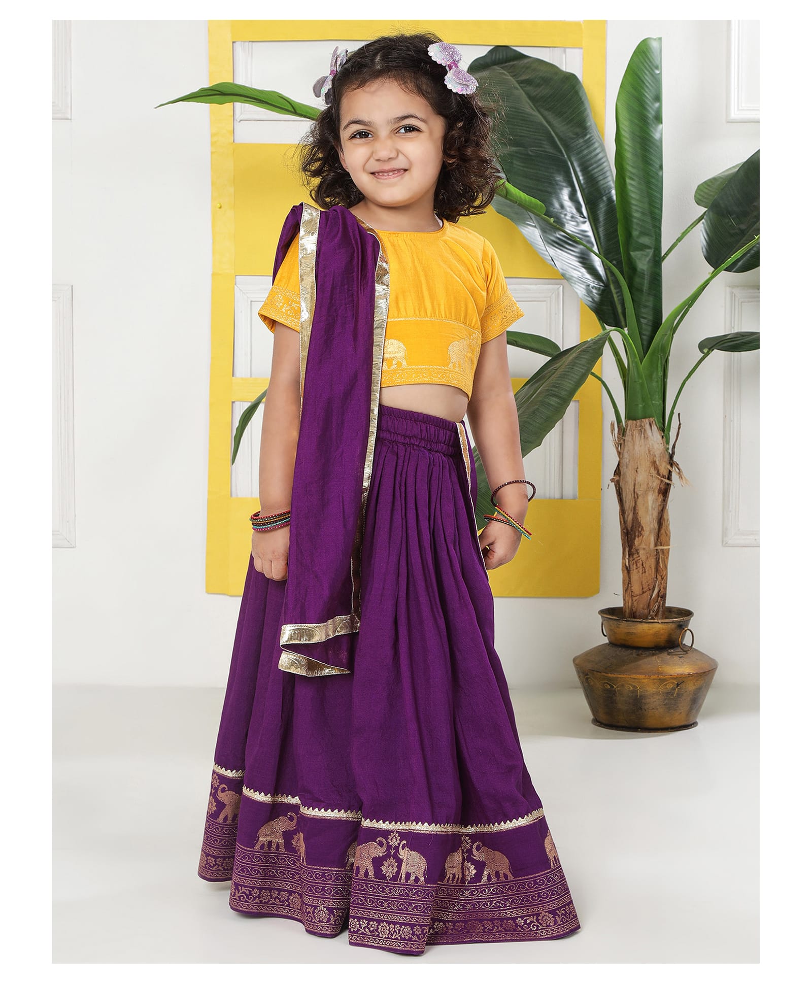 Little Bansi Chanderi Cotton Woven Half Sleeves Elephant Embroidered Choli & Lehenga With Dupatta Set - Purple-picture-33