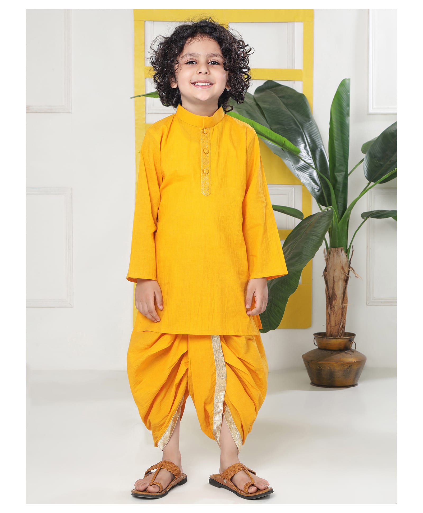 Little Bansi 100% Cotton Woven Full Sleeves Floral Embroidered Kurta & Dhoti Set - Yellow-picture-17