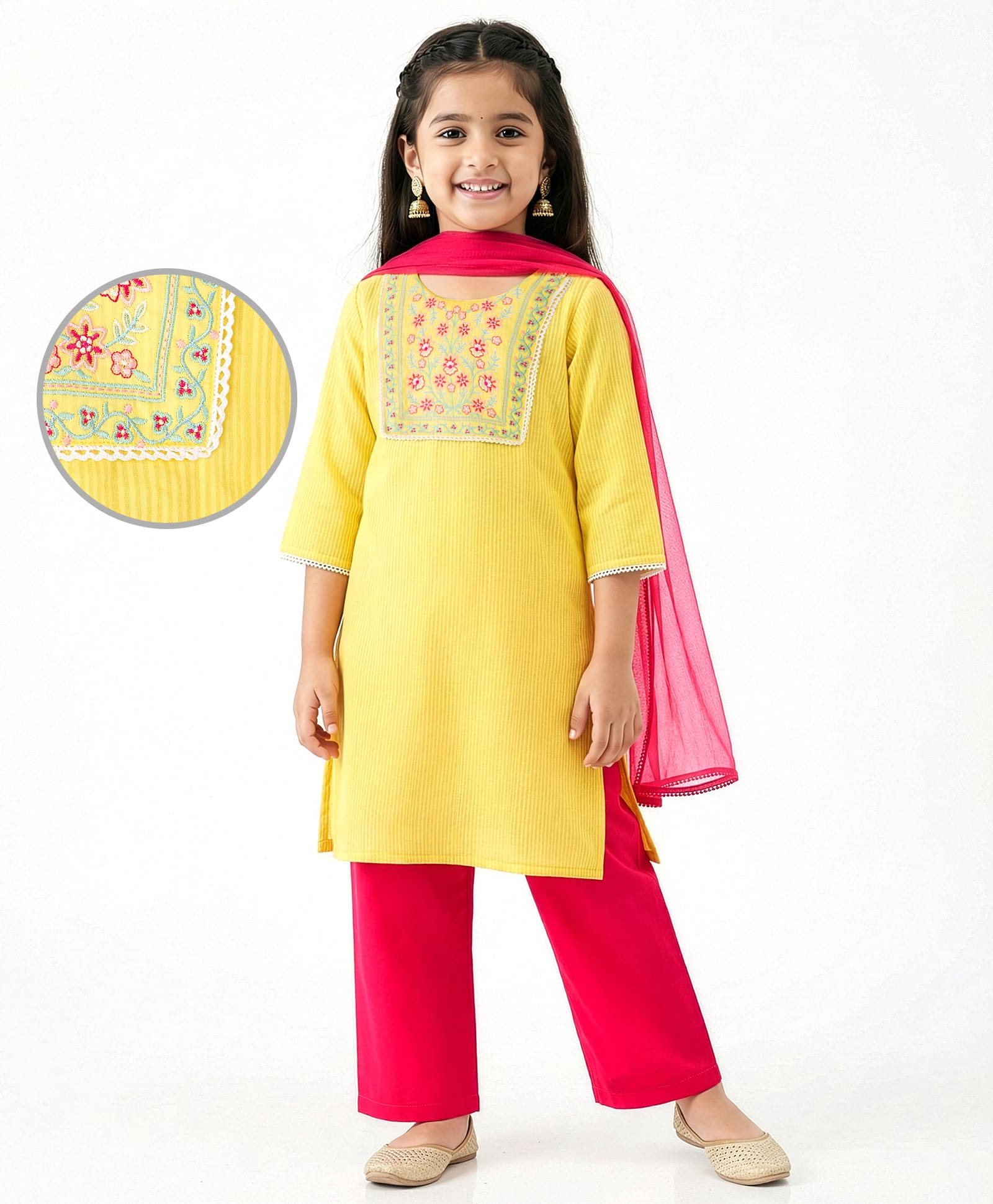 EARTHY TOUCH Cambric Cotton Woven Three Fourth Sleeves Kurta & Salwar Set With Floral Embroidery & Dupatta - Yellow-image-34