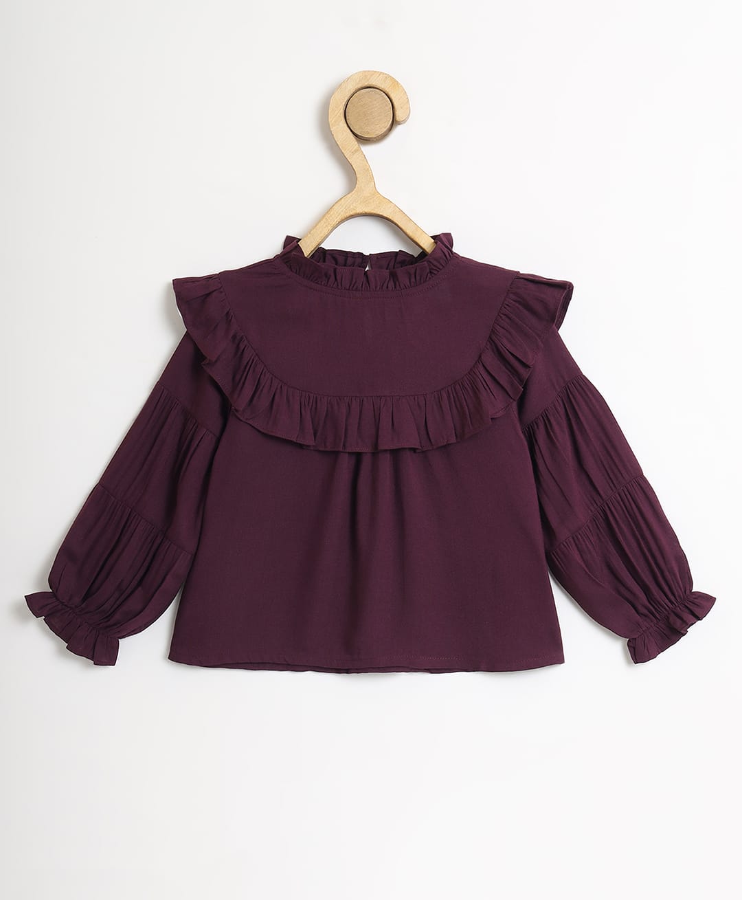 Chuppan Chupai Rayon Woven Full Sleeves Solid Ruffled Top - Wine-picture-26