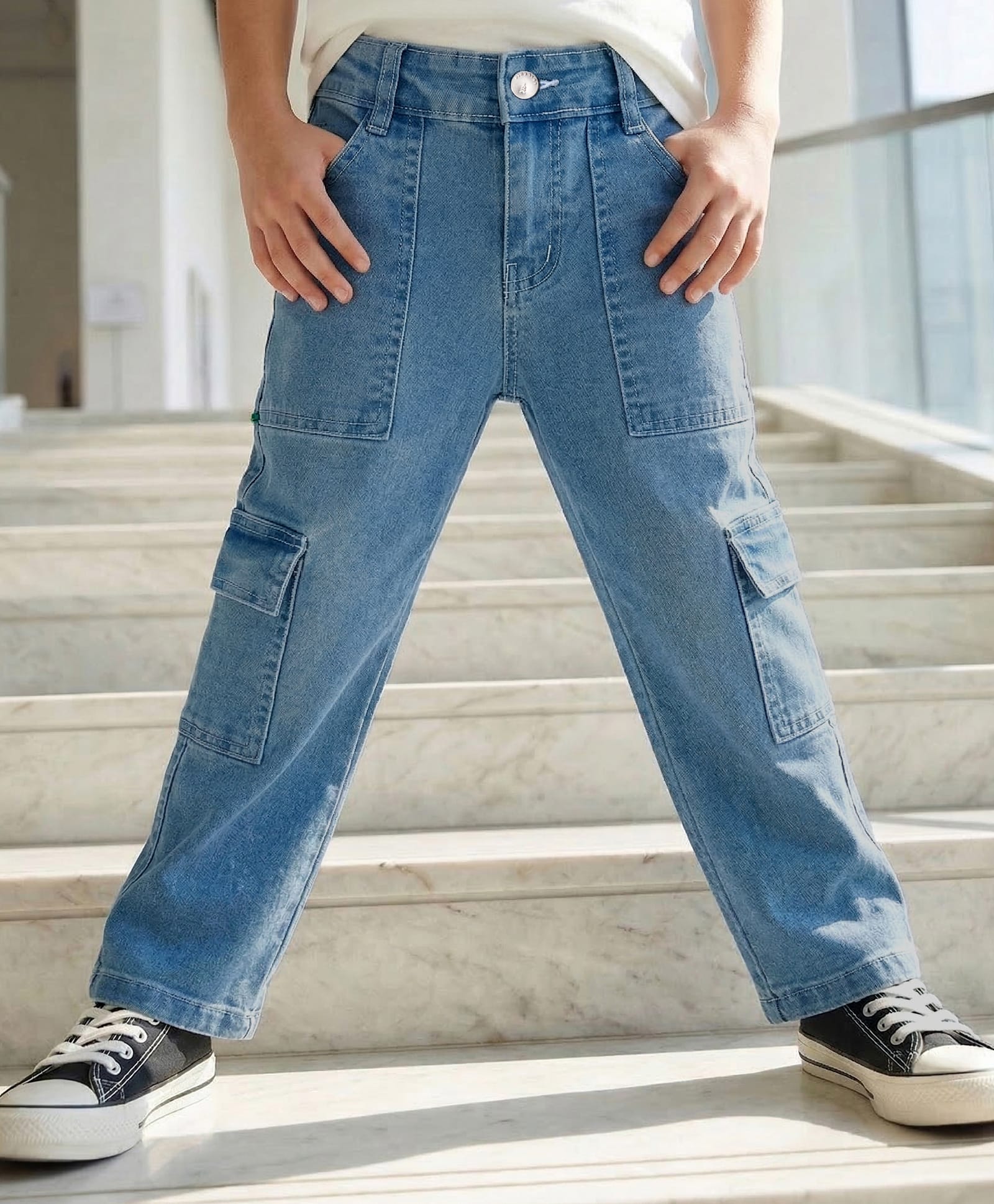 Pine Kids Denim Woven Full Length Solid Jeans With Cargo Pockets - Blue-image-35
