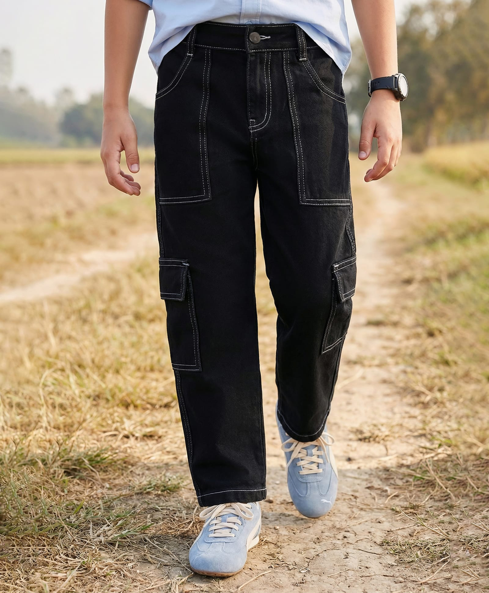 Pine Kids Denim Woven Full Length Solid Jeans With Cargo Pockets - Black-image-28