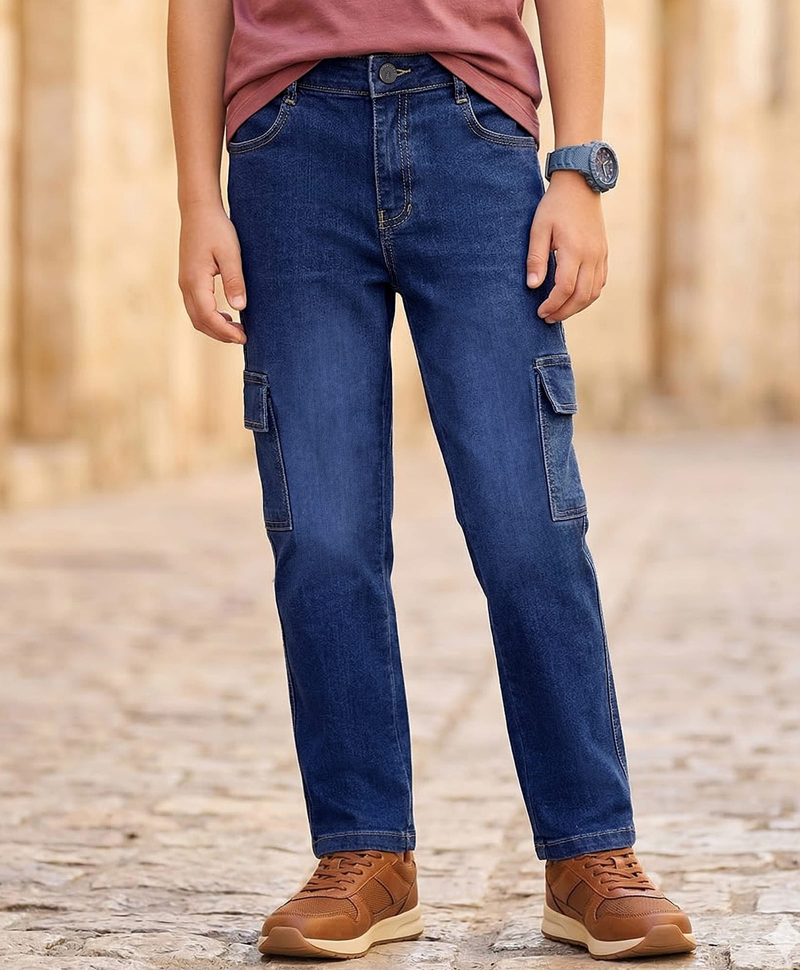 Pine Kids Denim Woven Full Length Washed Jeans With Cargo Pockets - Blue-picture-10