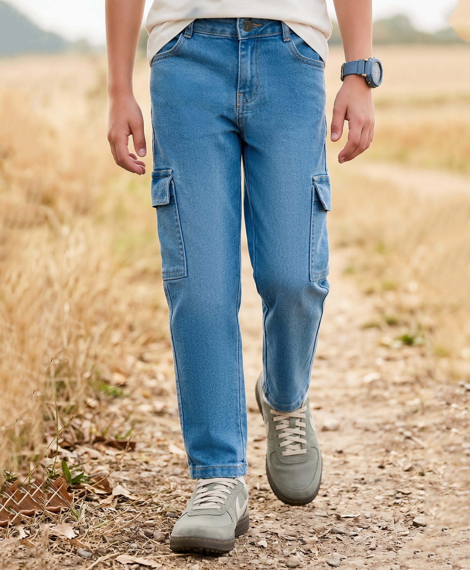 Pine Kids Denim Woven Full Length Washed Jeans With Cargo Pockets - Light Blue-picture-27