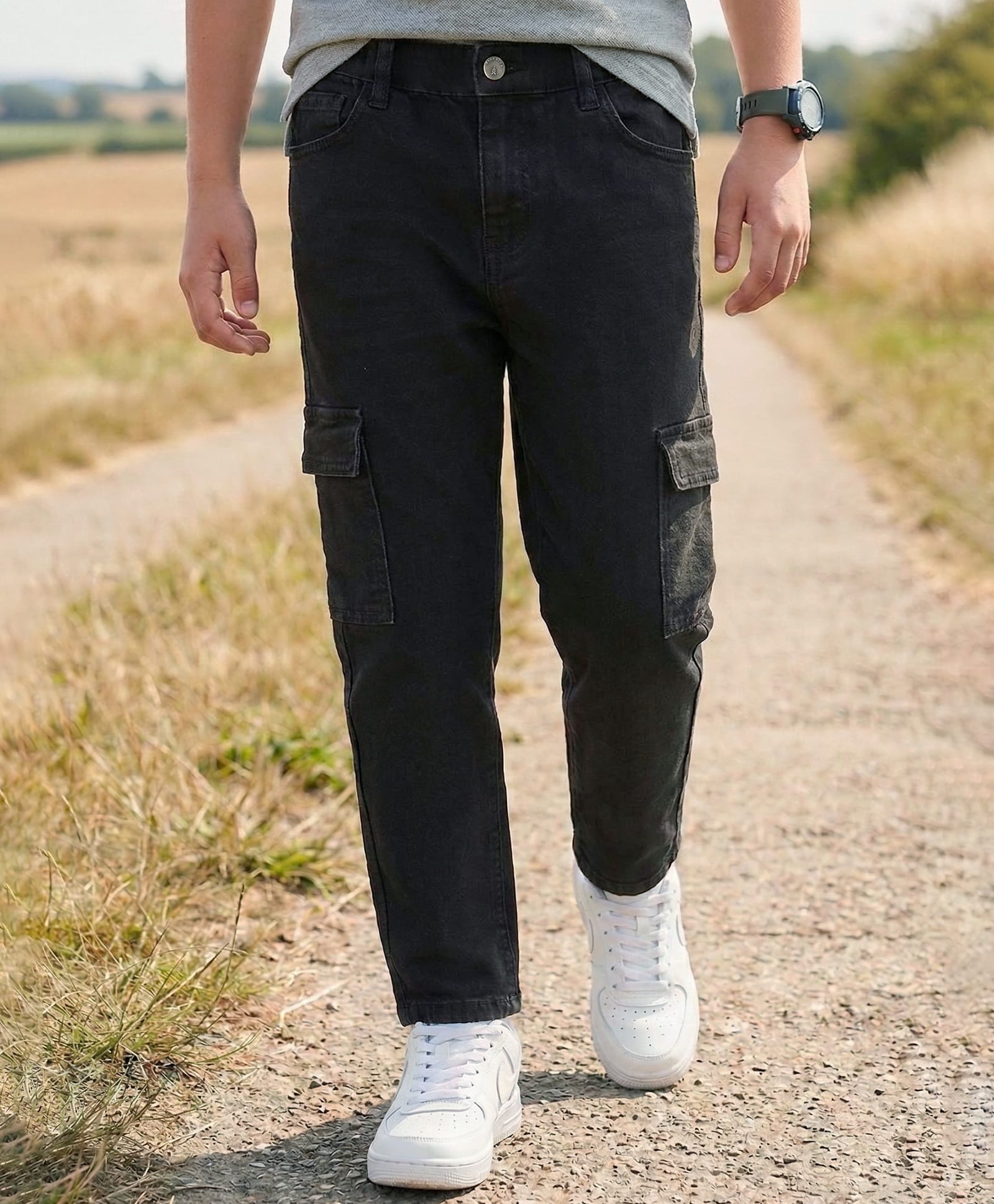 Pine Kids Denim Woven Full Length Washed Jeans With Cargo Pockets - Black-picture-22