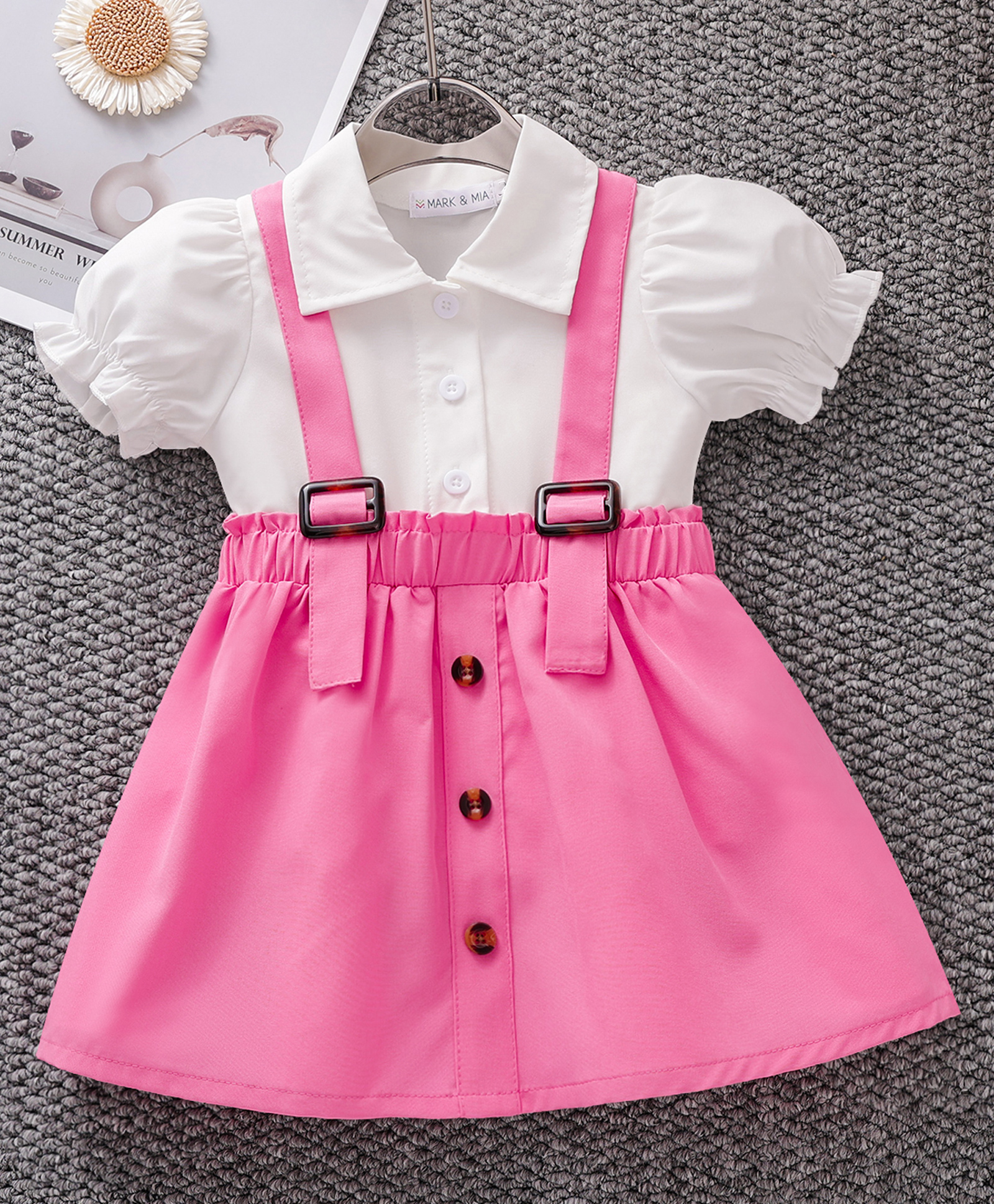 Mark & Mia Half Puffed Sleeves Solid Colour Frock - White & Pink-image-33
