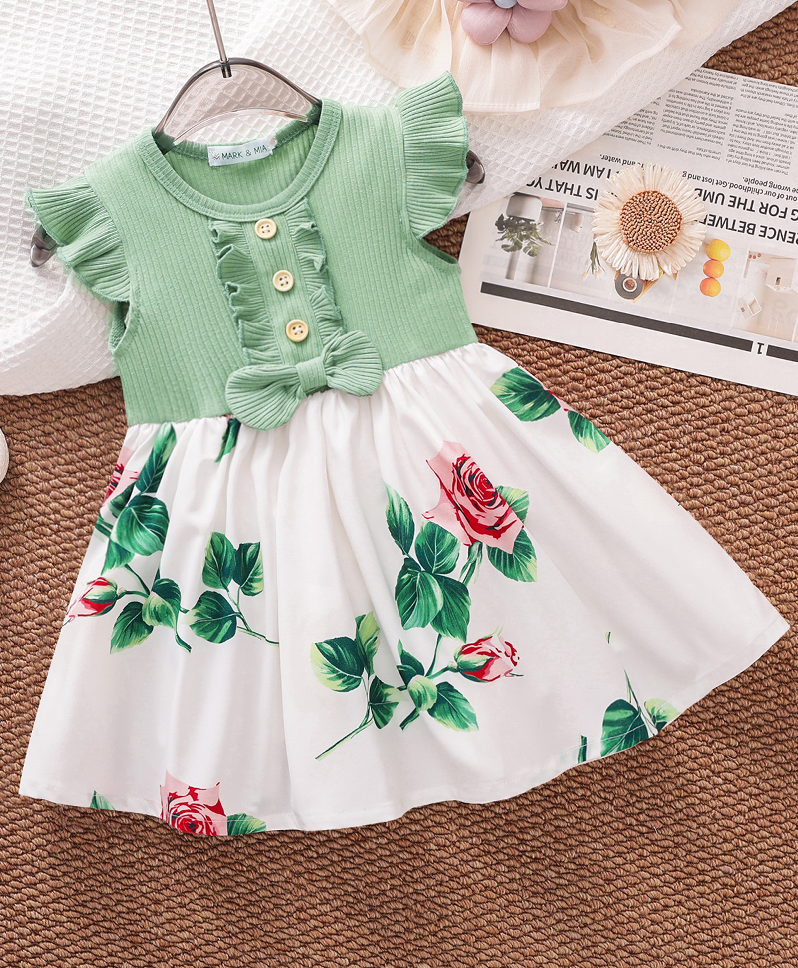 Mark & Mia Sleeveless Floral Printed Frock with Bow Applique - Light Green-image-25