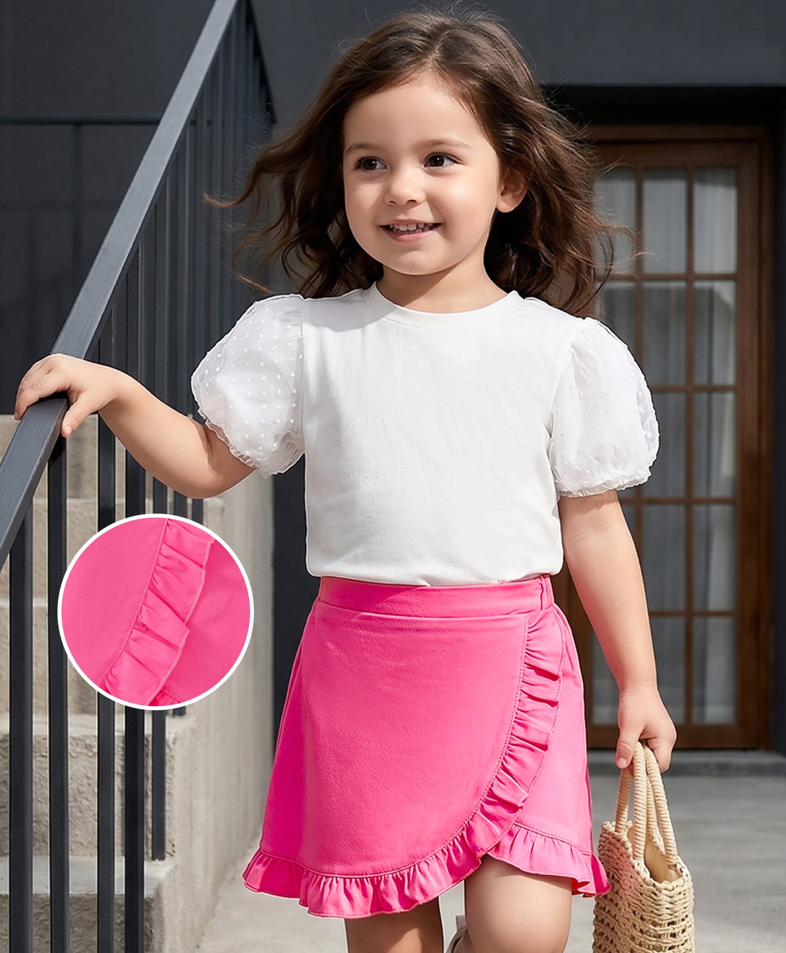 Mark & Mia Cotton Half Sleeves Solid Color Top & Skirt Set - Pink & White-picture-13