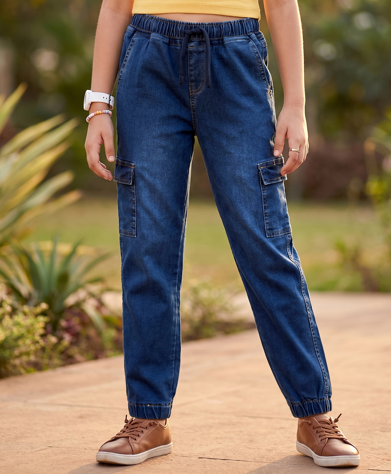 Pine Kids Cotton Elastane Woven Full Length Solid Denim Jeans With Cargo Pockets - Navy Blue-picture-21