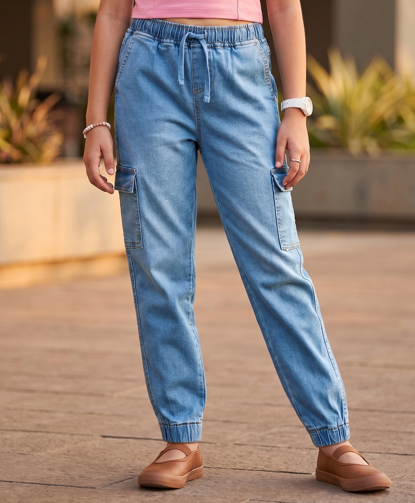 Pine Kids Cotton Elastane Woven Full Length Solid Denim Jeans With Cargo Pockets - Blue-image-26