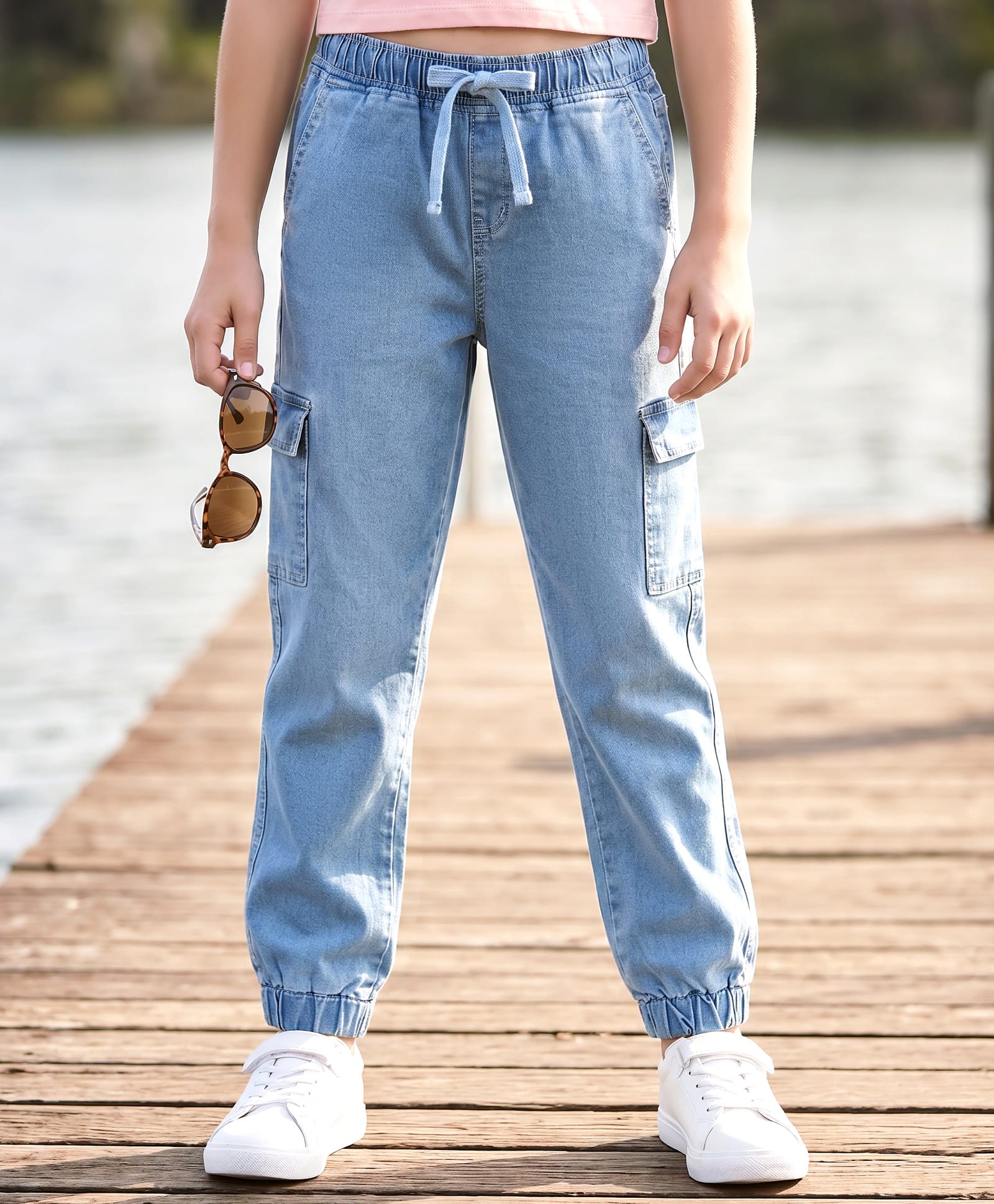 Pine Kids Cotton Elastane Woven Full Length Solid Jeans With Cargo Pockets - Light Blue-image-48