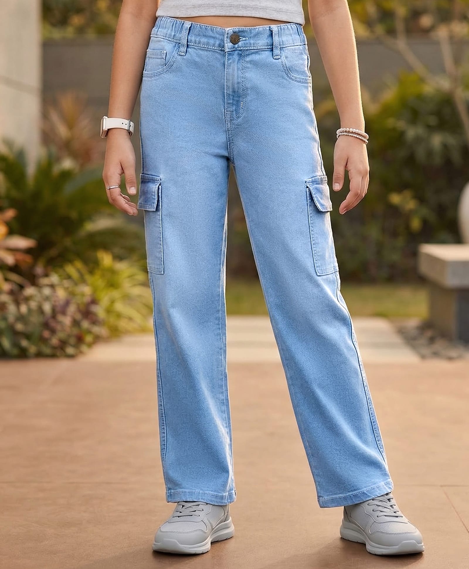 Pine Kids Denim Woven Full Length Washed Jeans With Cargo Pockets - Light Blue-picture-32