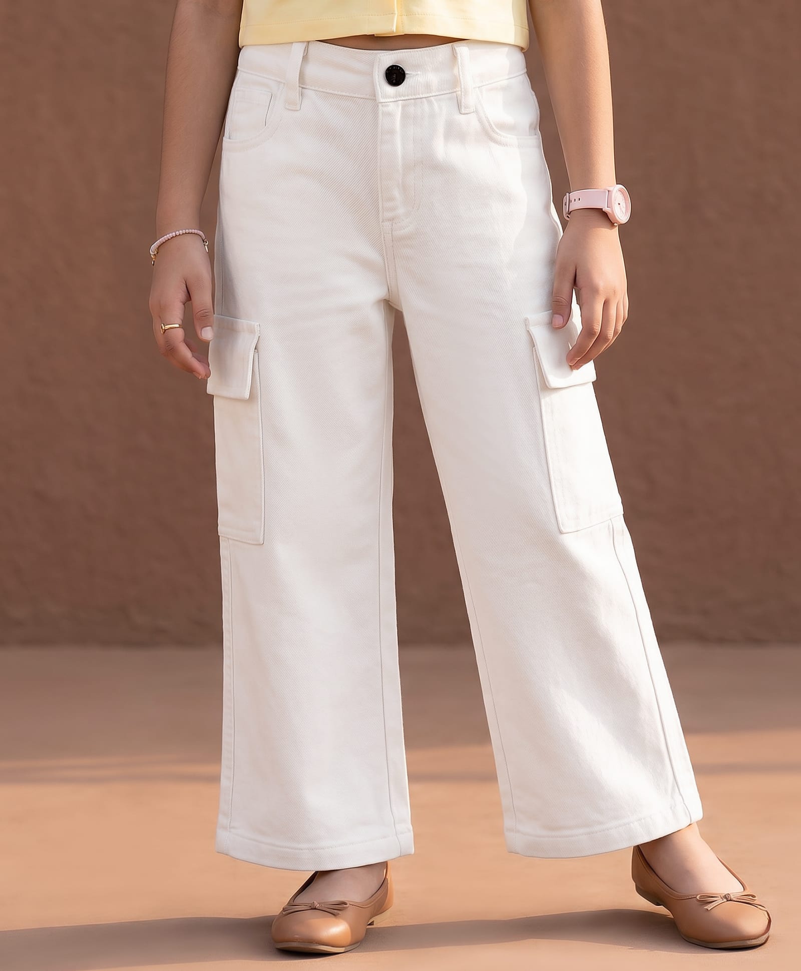 Pine Kids Denim Woven Full Length Washed Jeans With Cargo Pockets - White-image-33