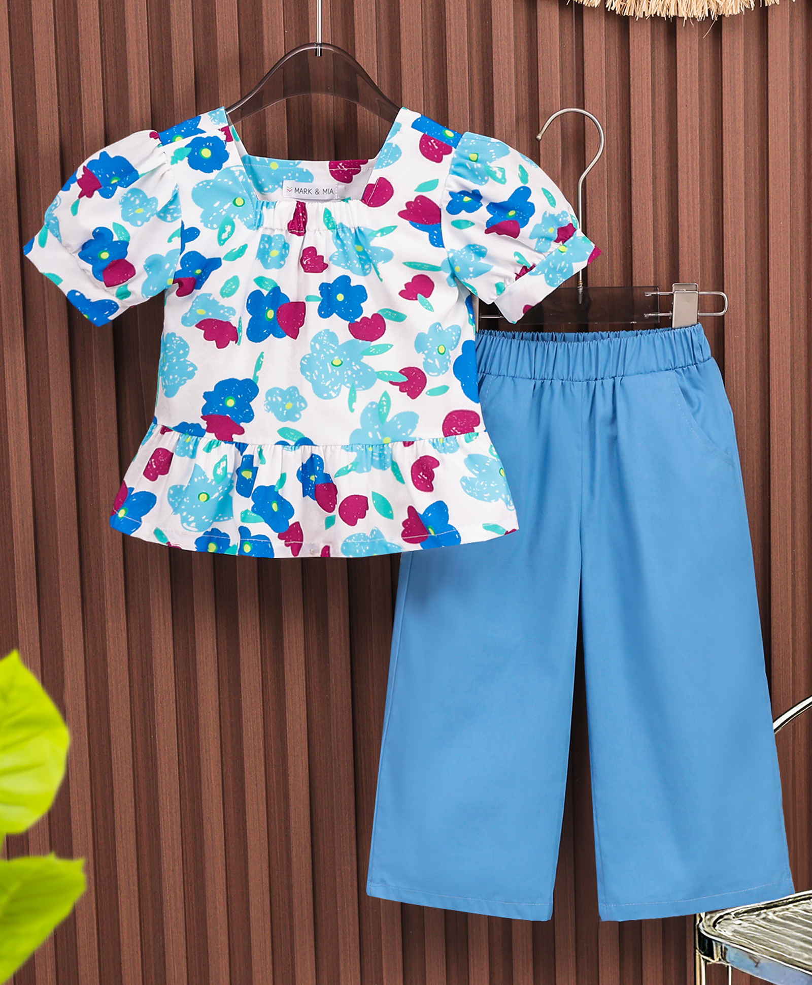 Mark & Mia Half Sleeves Top & Lounge Pant Set With Floral Print - Blue-picture-12