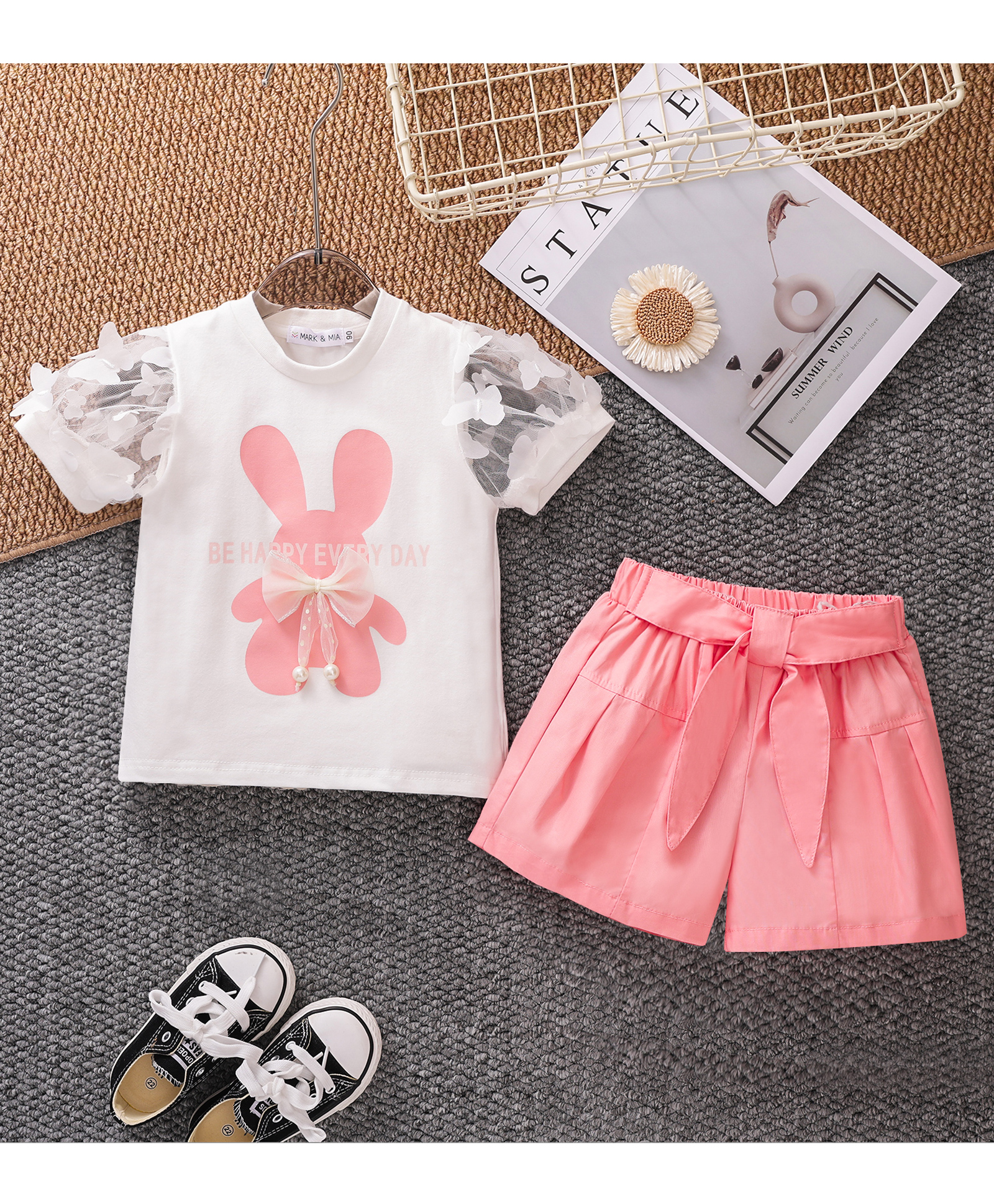 Mark & Mia Half Sleeves Top & Shorts Set With Bunny Print & Bow Applique - Pink-image-39