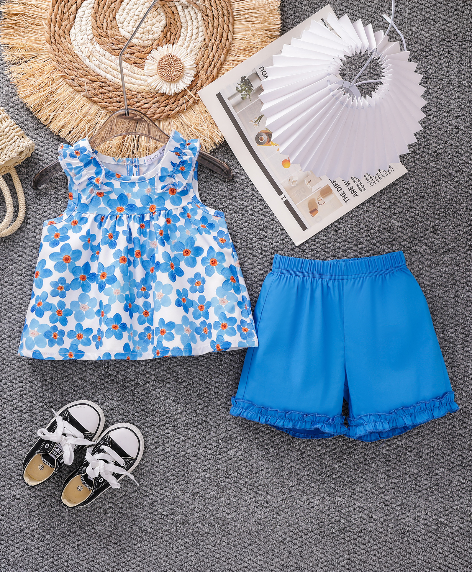 Mark & Mia Cotton Sleeveless Top & Shorts Set with Floral Print & Frill Detailing - Blue-picture-30