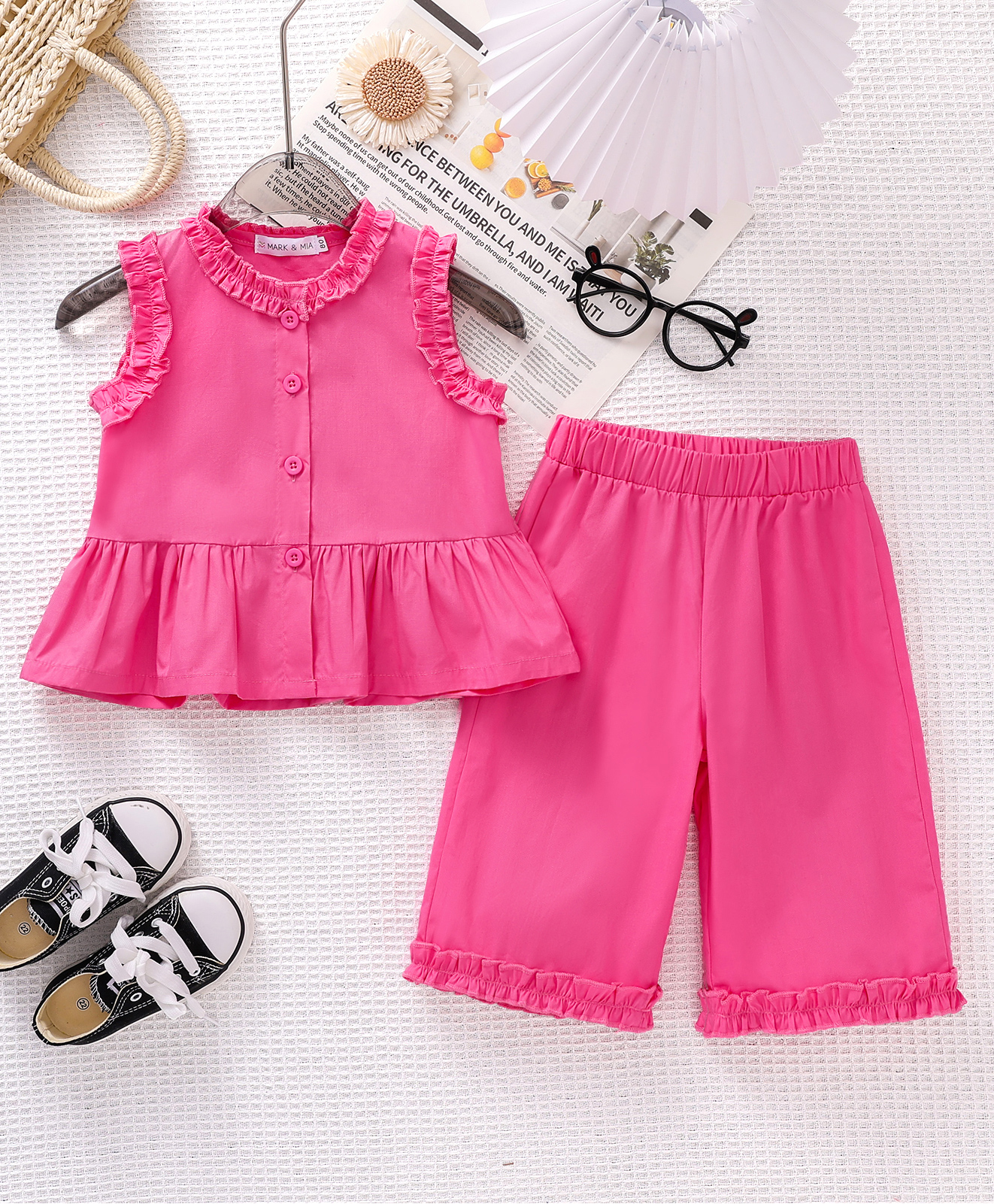Mark & Mia Cotton Sleeveless Solid Color Top & Pant Set with Frill Detailing - Dark Pink-picture-27