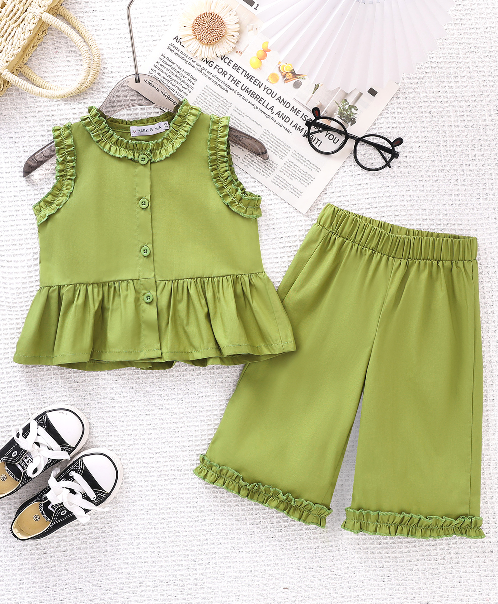 Mark & Mia Cotton Sleeveless Solid Color Top & Pant Set with Frill Detailing - Green-picture-32