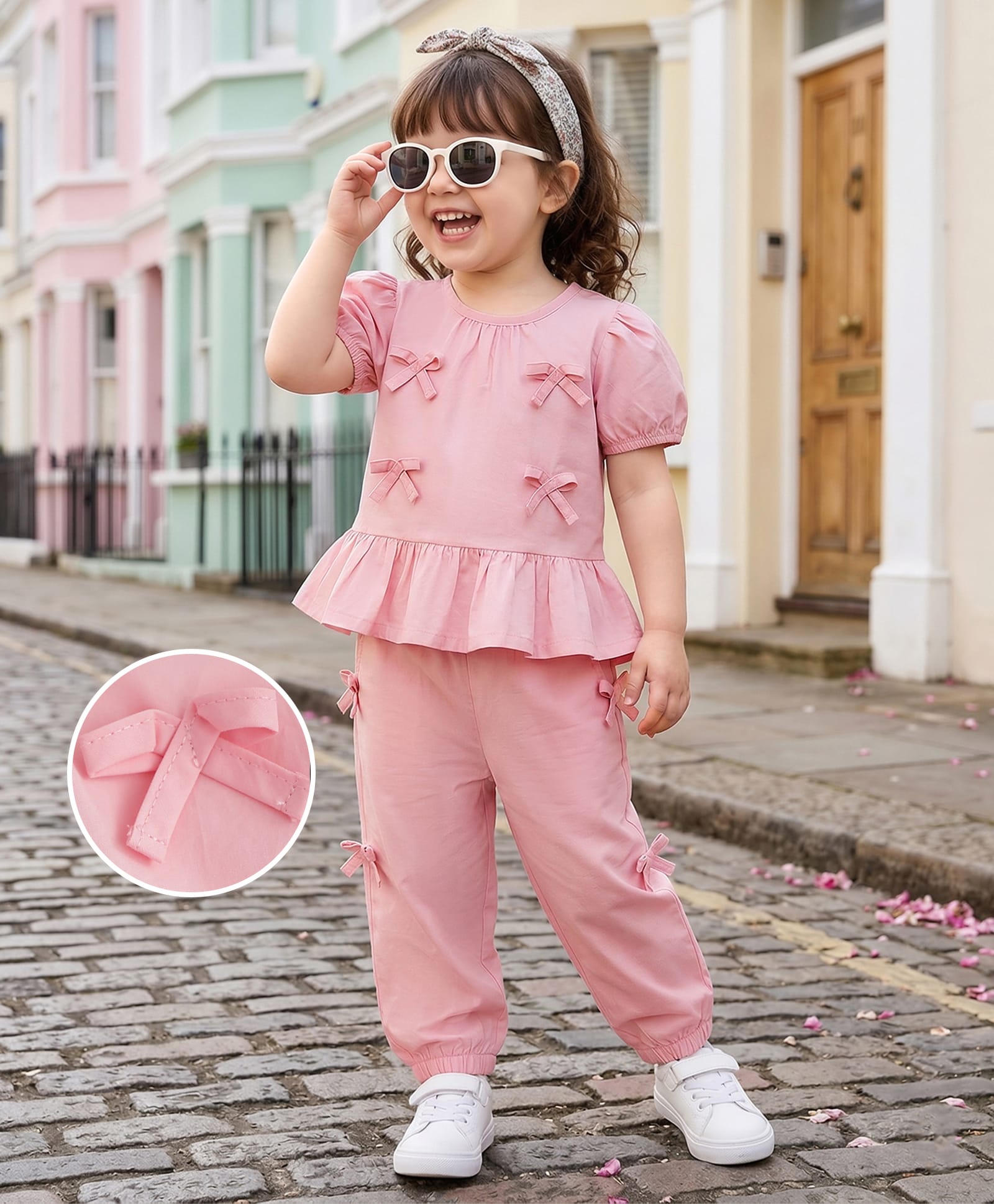 Mark & Mia Cotton Half Sleeves Solid Top & Lounge Pant Set With Bow Applique - Pink-image-42