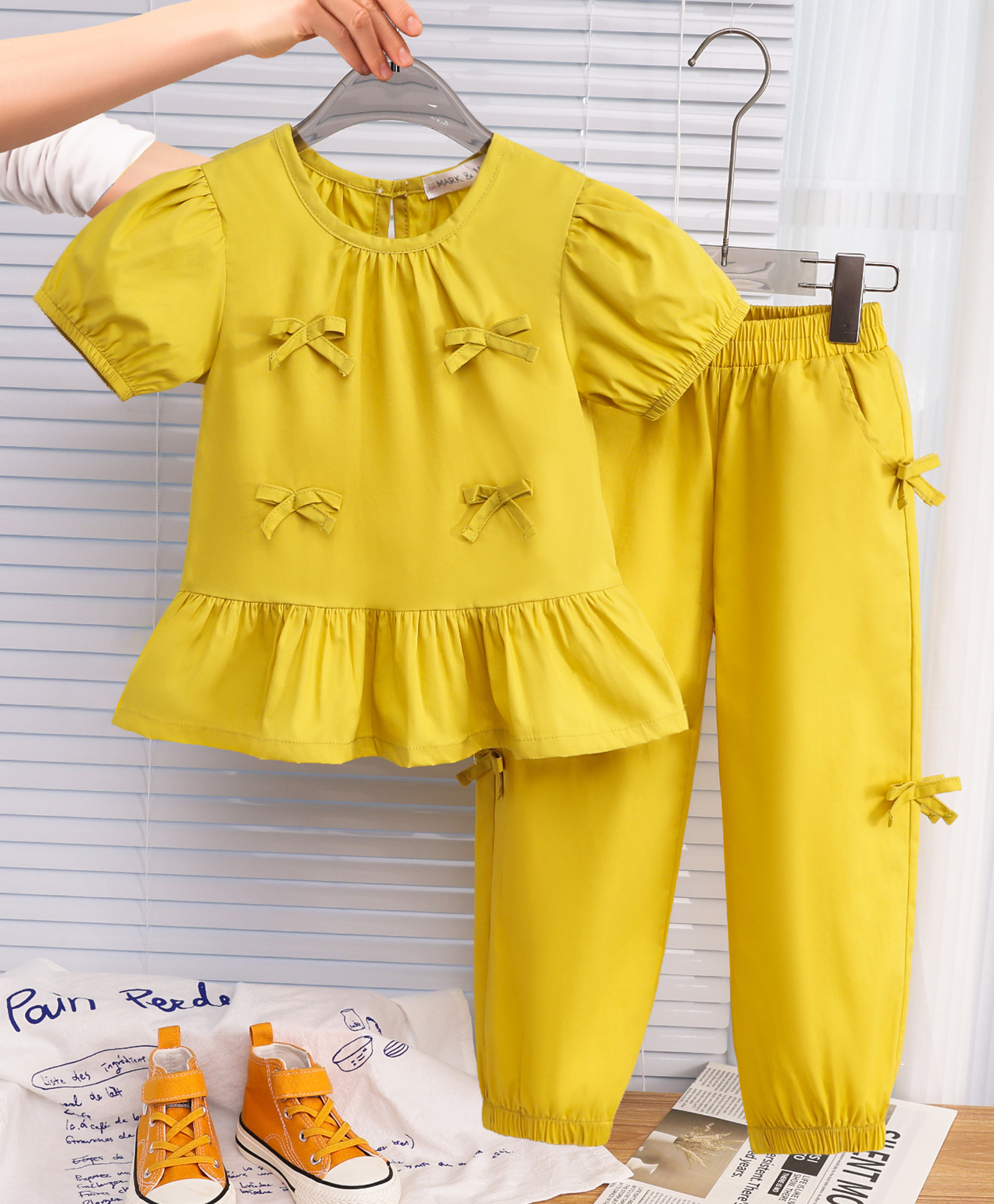 Mark & Mia Cotton Half Sleeves Solid Top & Lounge Pant Set With Bow Applique - Yellow-picture-24