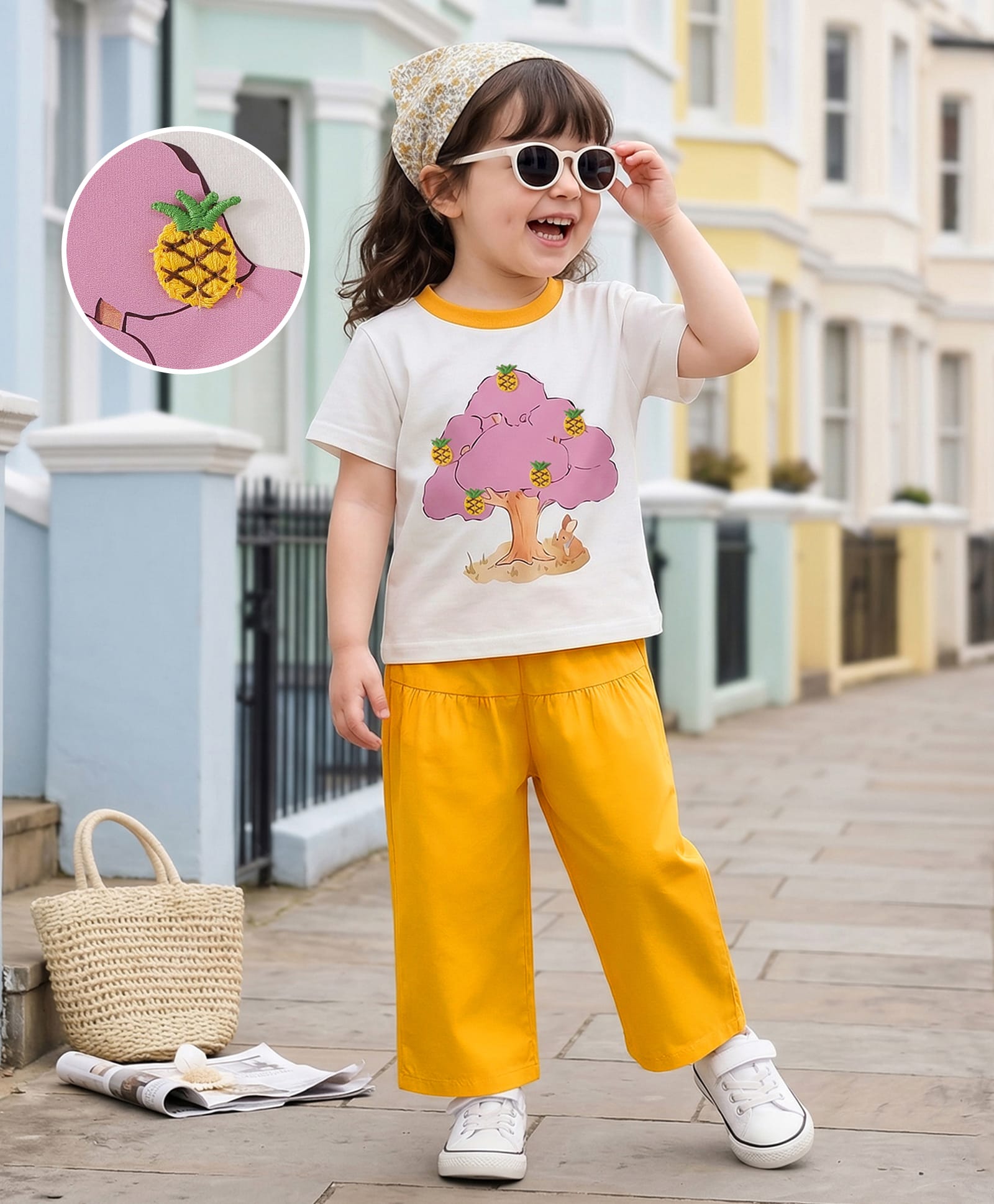 Mark & Mia Cotton Half Sleeves Top & Lounge Pant Set with Tree Print - Yellow-image-19