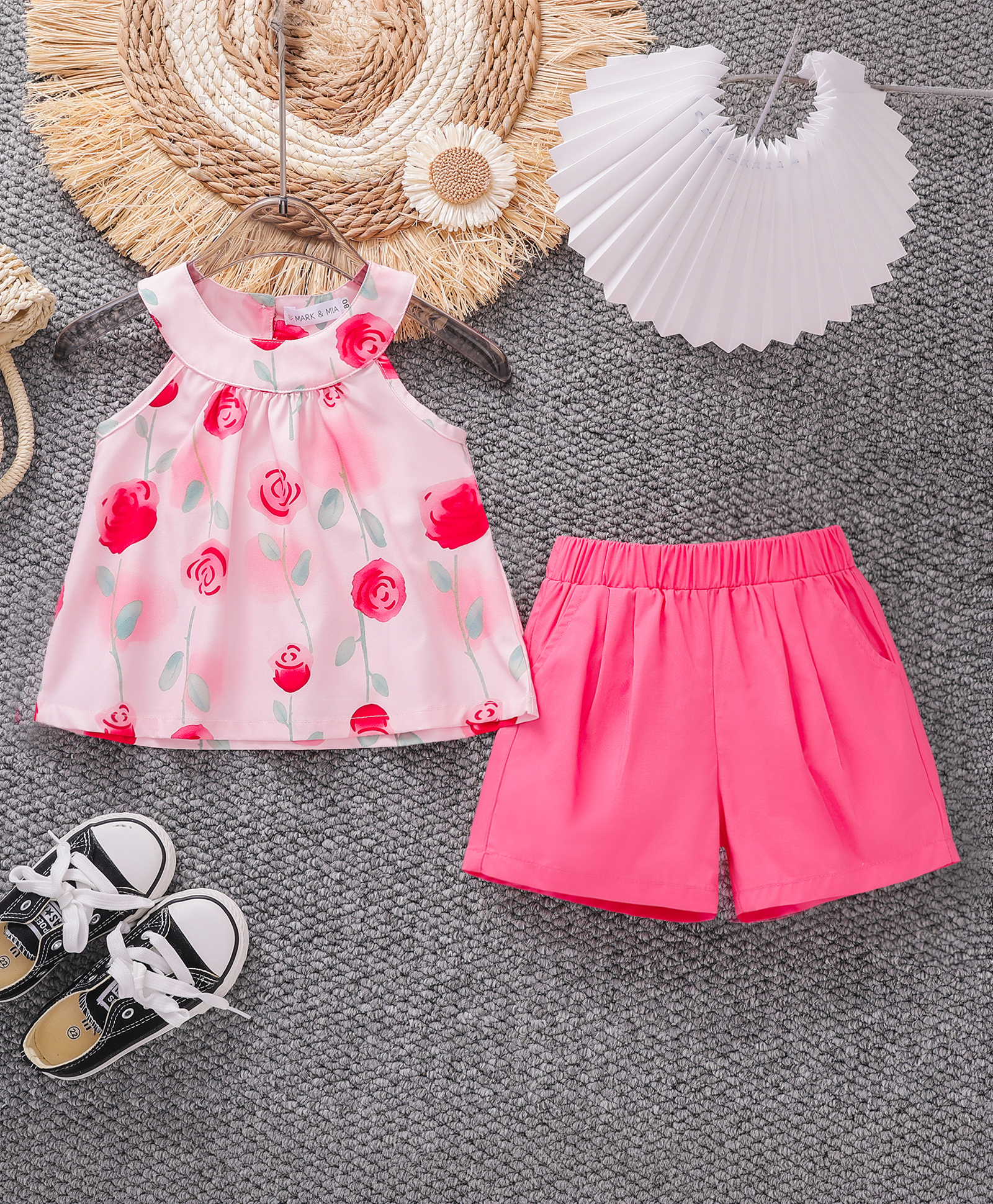 Mark & Mia Cotton Sleeveless Floral Printed Top & Shorts Set - Pink-image-30