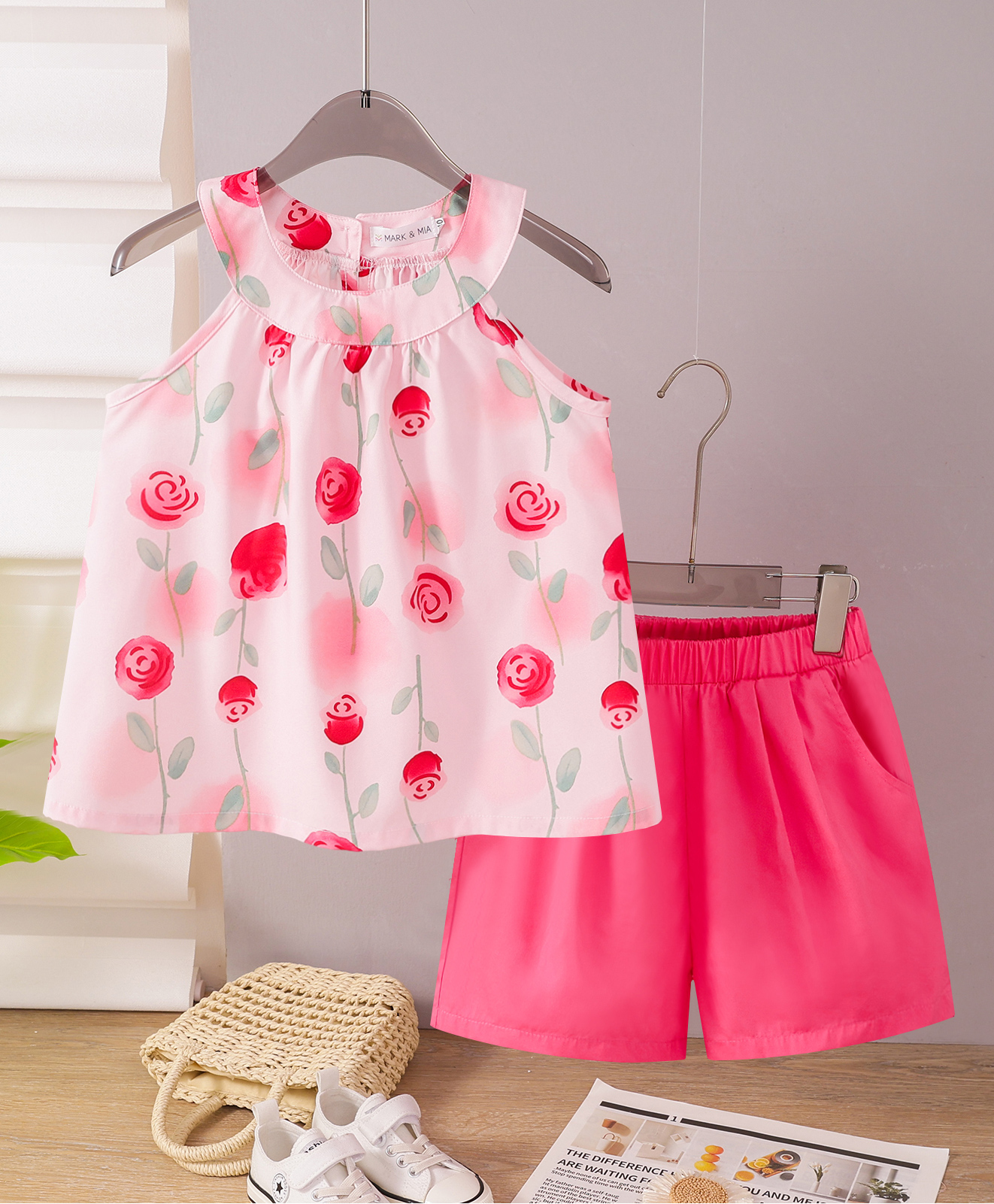 Mark & Mia Cotton Sleeveless Floral Printed Top & Shorts Set - Pink-image-29