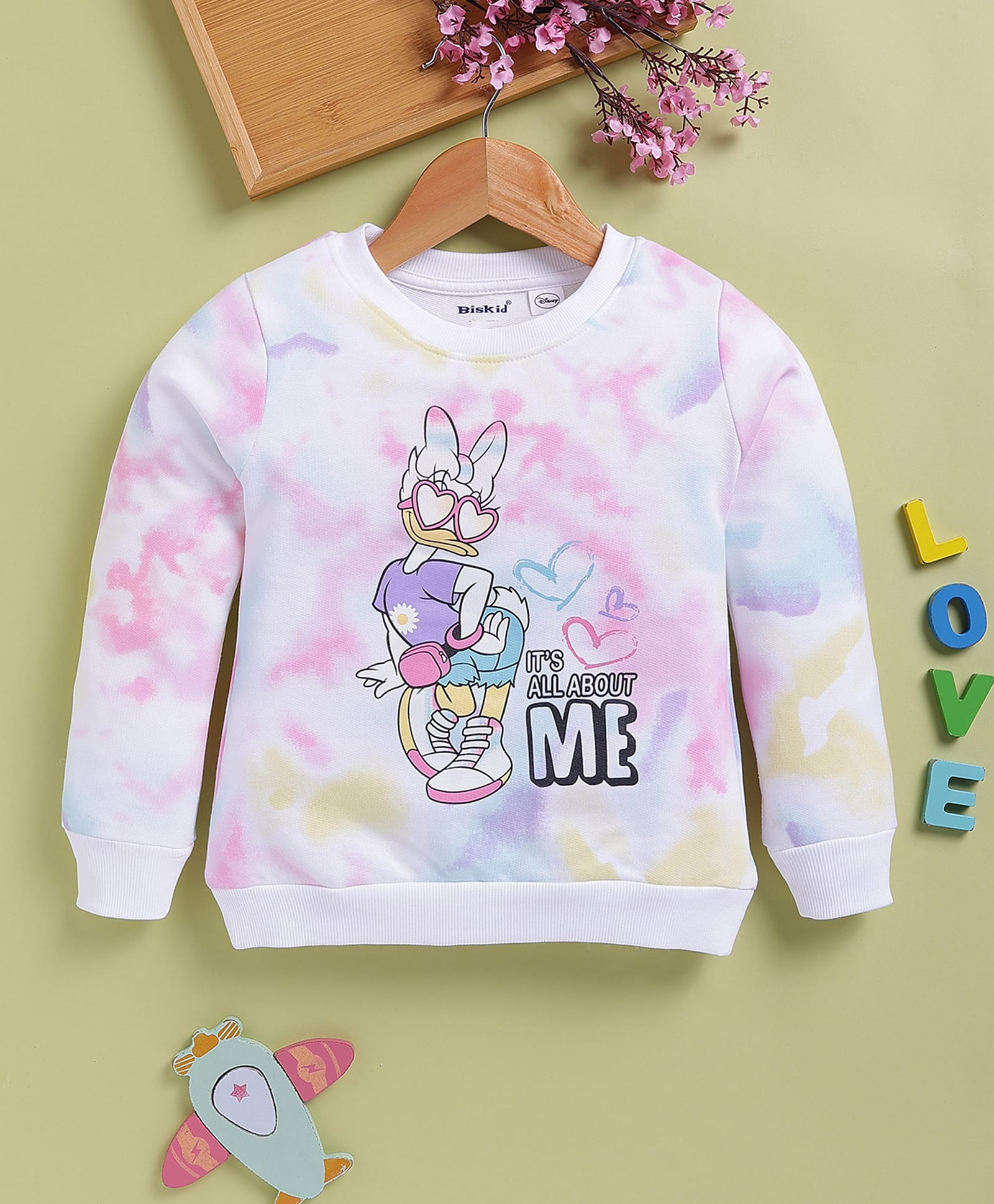 Biskid Sinker Knit Mickey & Friends Featuring Full Sleeves Daisy Printed Light Winter Sweatshirt - White & Orange-picture-3