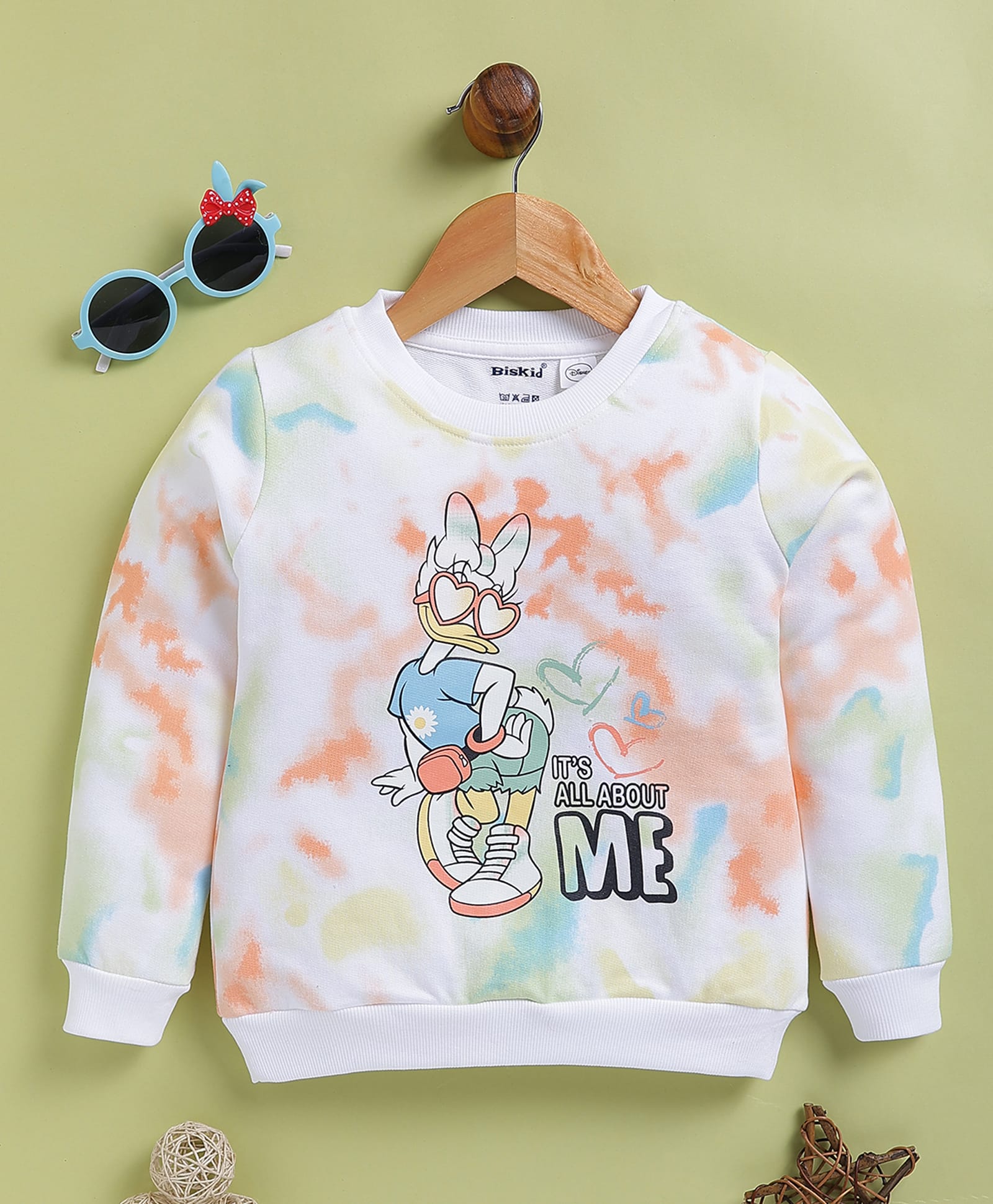 Biskid Sinker Knit Mickey & Friends Featuring Full Sleeves Daisy Printed Light Winter Sweatshirt - White & Orange-picture-27
